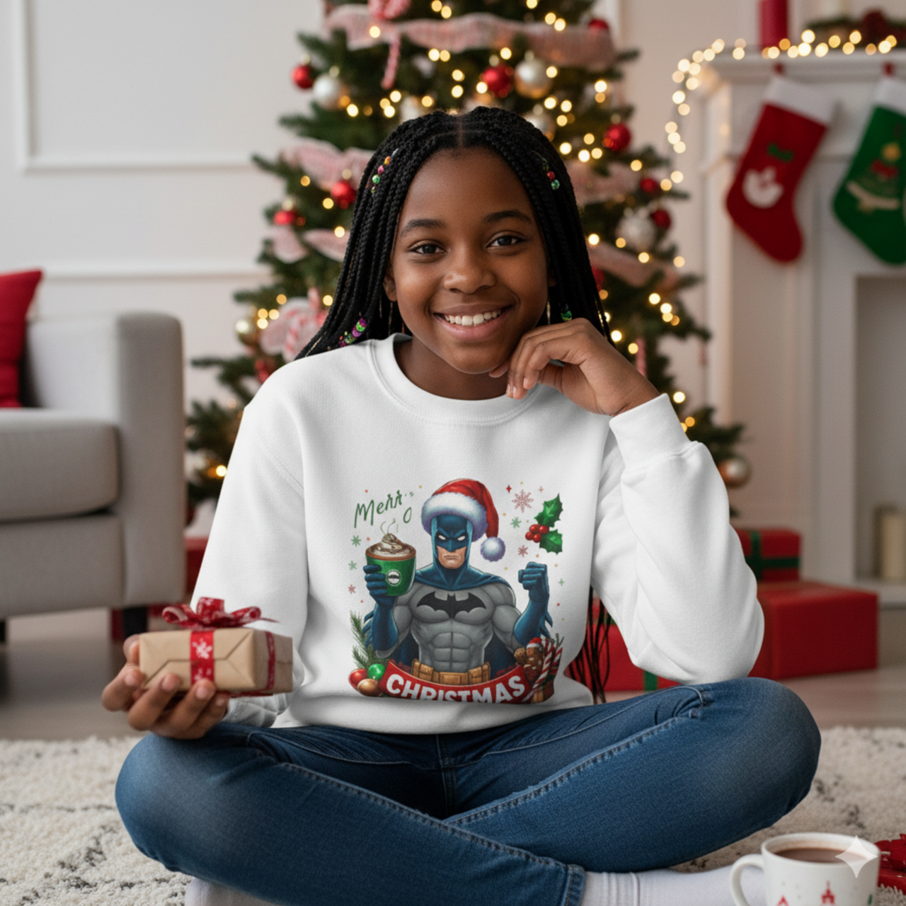 Youth Christmas Sweater — Cat in Santa Hat Crewneck product thumbnail image Youth Christmas Sweater — Cat in Santa Hat Crewneck product thumbnail image