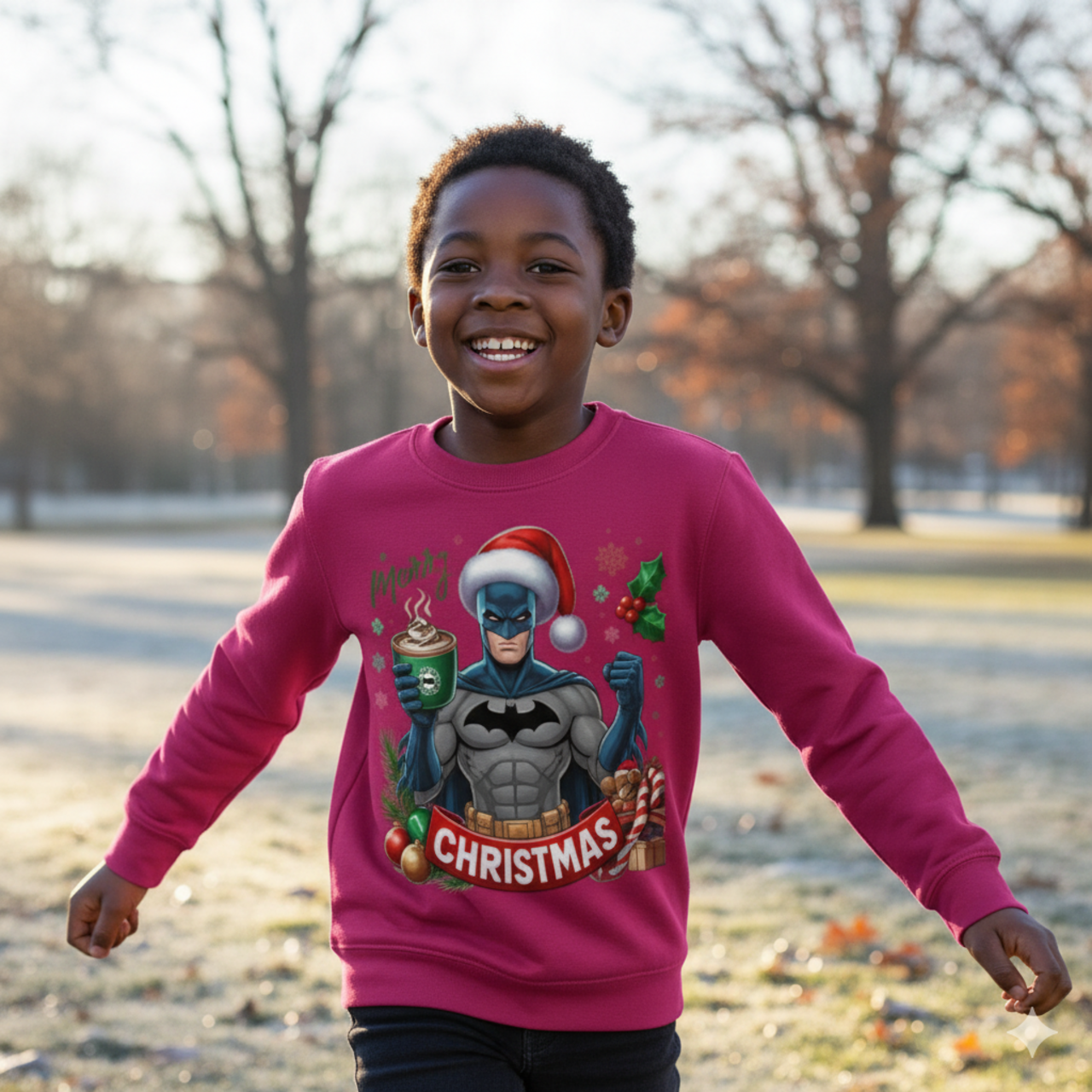 Kids Christmas Sweatshirt — Festive Superhero Holding Hot Cocoa, "Merry Christmas" Design product thumbnail image Kids Christmas Sweatshirt — Festive Superhero Holding Hot Cocoa, "Merry Christmas" Design product thumbnail image