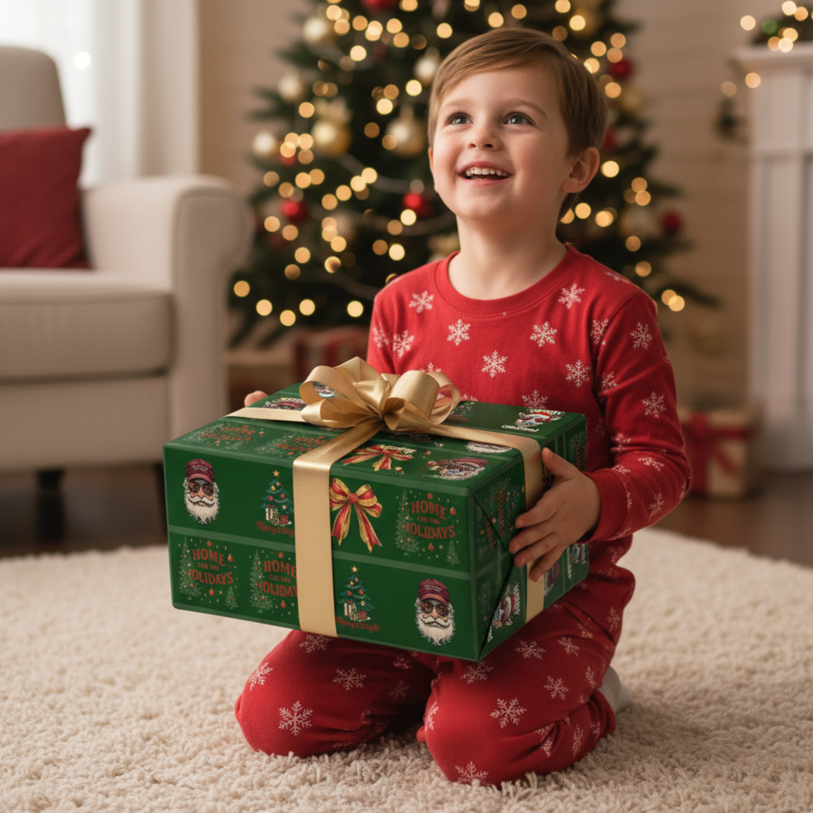 Christmas Gnome Wrapping Paper Roll — Cute Holiday Gift Wrap with Gnome &amp; Pine Tree Motif product thumbnail image