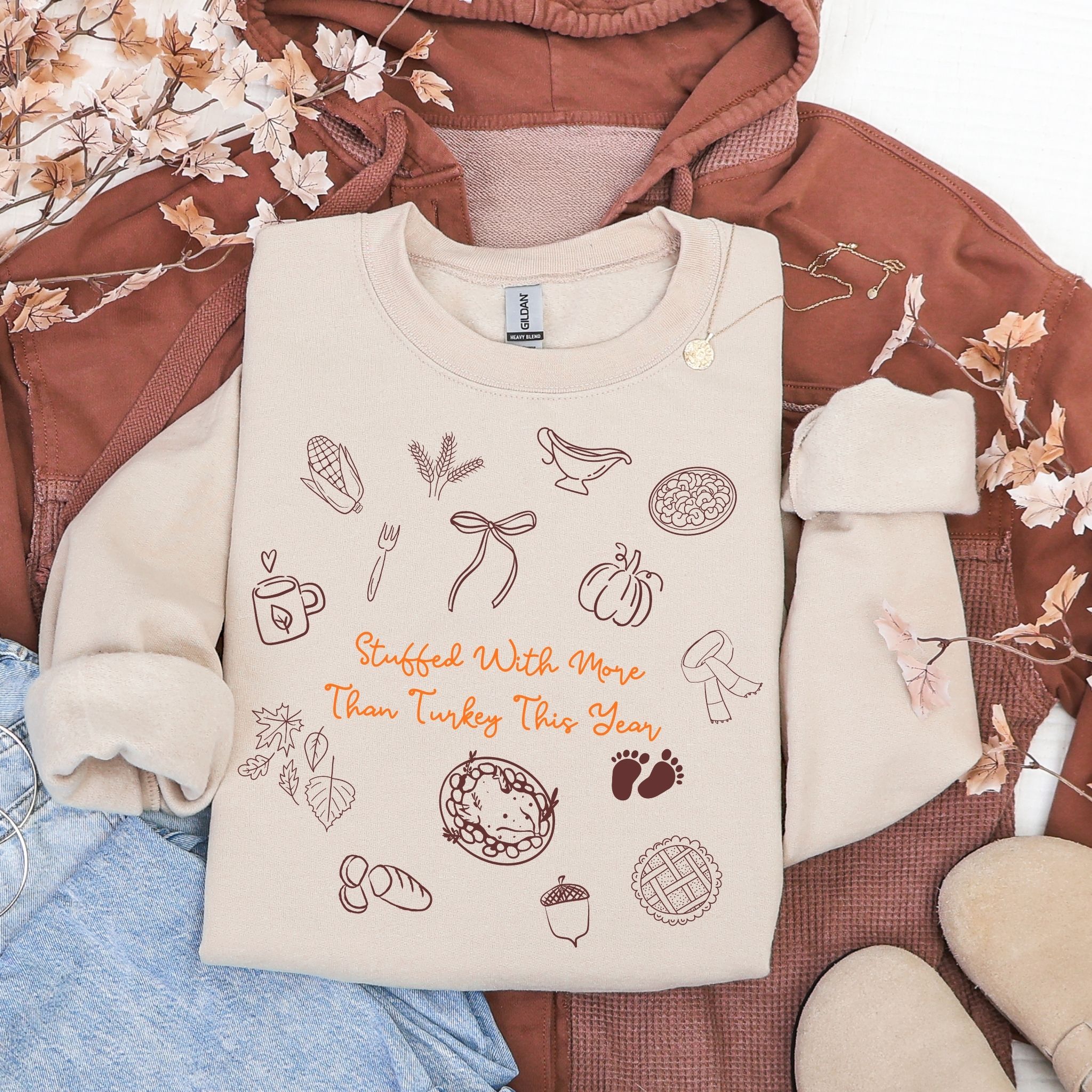 Thanksgiving Pregnancy Announcement Sweatshirt - Stuffed with more than just Turkey this year product thumbnail image Thanksgiving Pregnancy Announcement Sweatshirt - Stuffed with more than just Turkey this year product thumbnail image