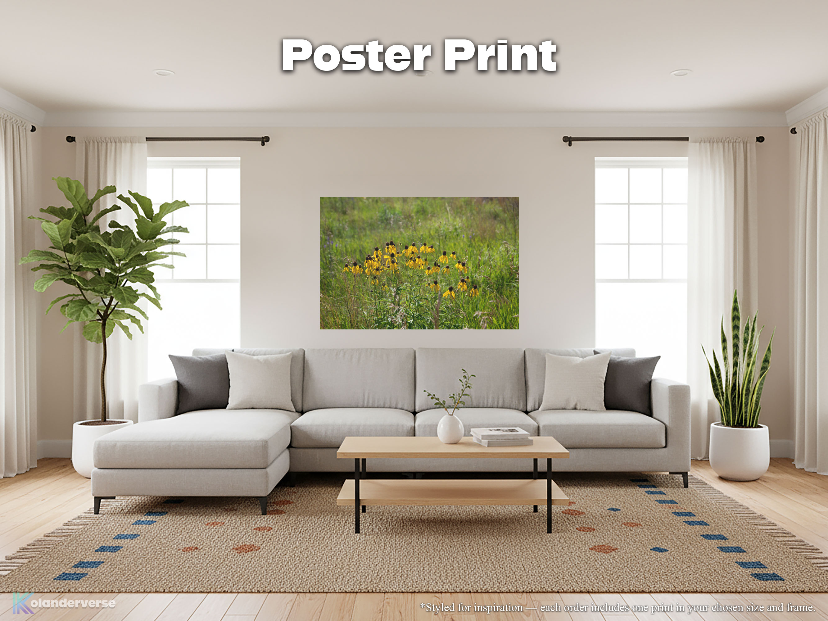 Black-Eyed Susan Floral - Giclée Poster Print – Rustic Flowers Midwest Prairie Wall Art - Yellow Wildflowers #29