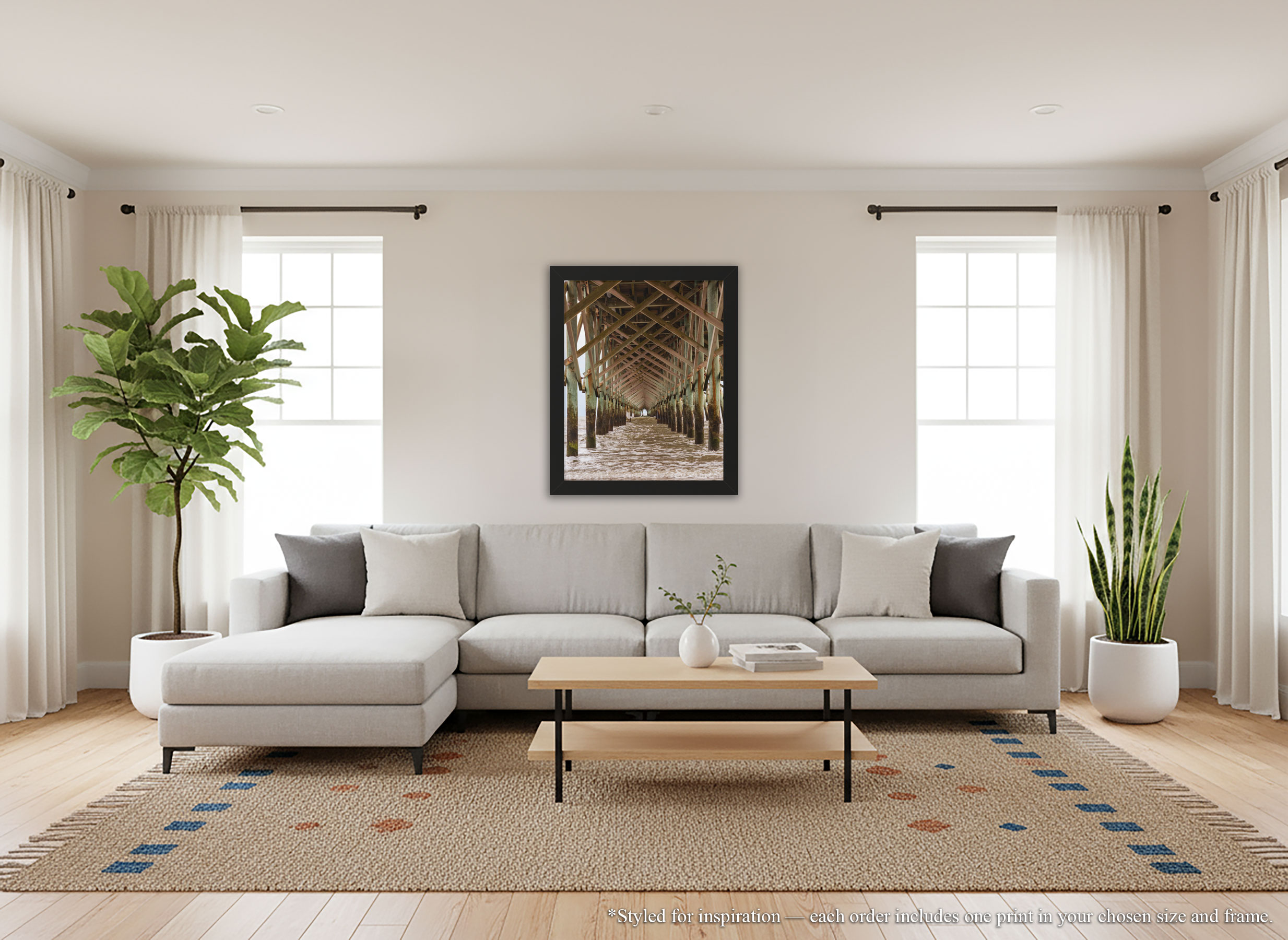 Folly Beach Pier - Framed Print Vertical - South Carolina Coastal Photography – Symmetry Ocean Waves Under Pier Wall Art – Beach House Décor #58