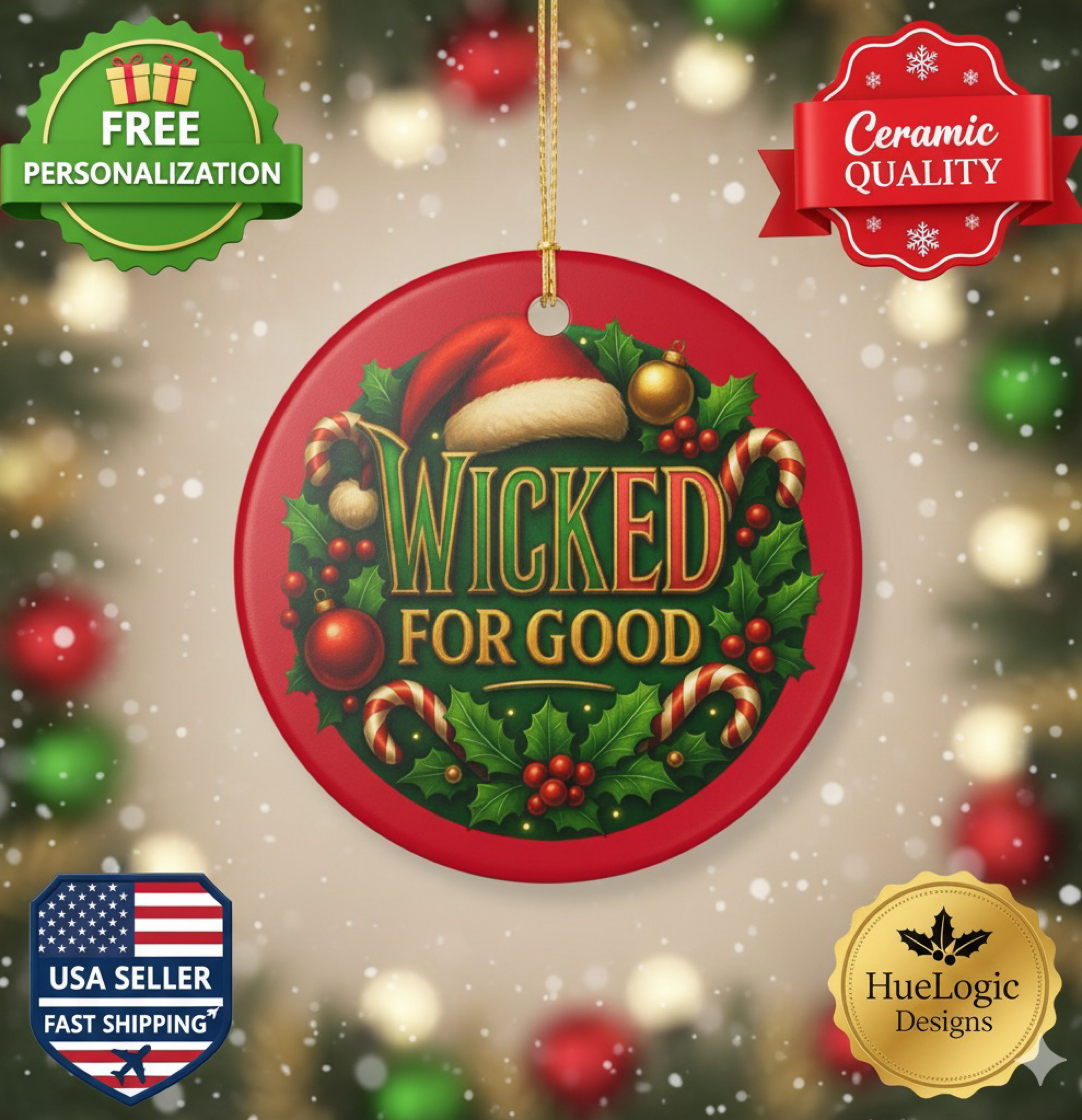 Wicked For Good Christmas Tree Ornament Ceramic Ornament 2025 Candy Cane Wreath 