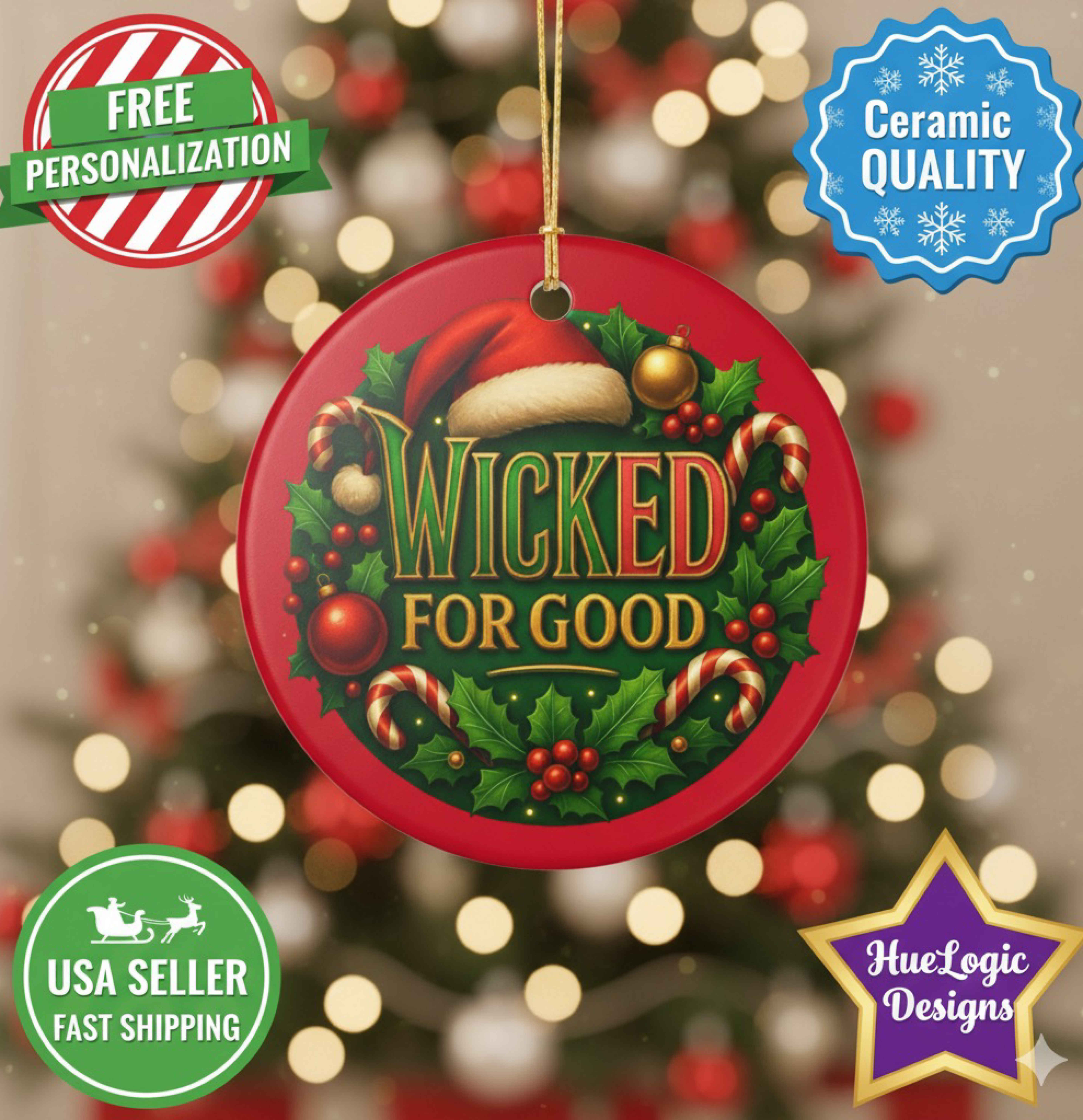 Wicked For Good Christmas Tree Ornament Ceramic Ornament 2025 Candy Cane Wreath product thumbnail image Wicked For Good Christmas Tree Ornament Ceramic Ornament 2025 Candy Cane Wreath product thumbnail image