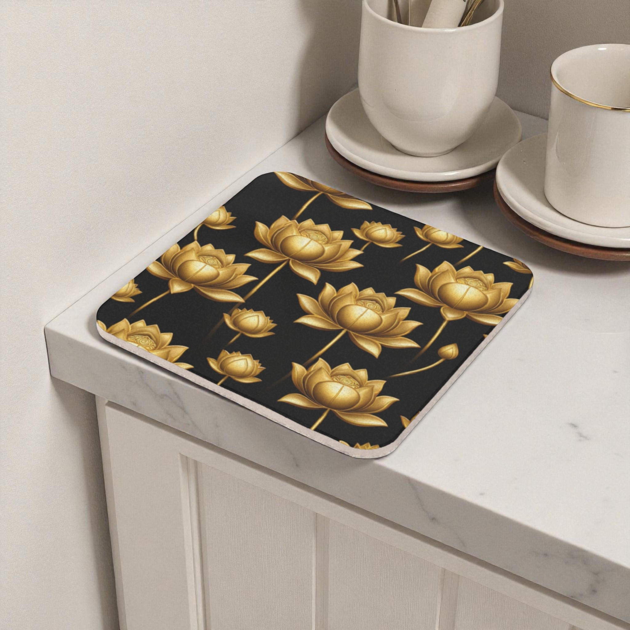 Elegant Gold Flowers Black Background Cork Back Coasters