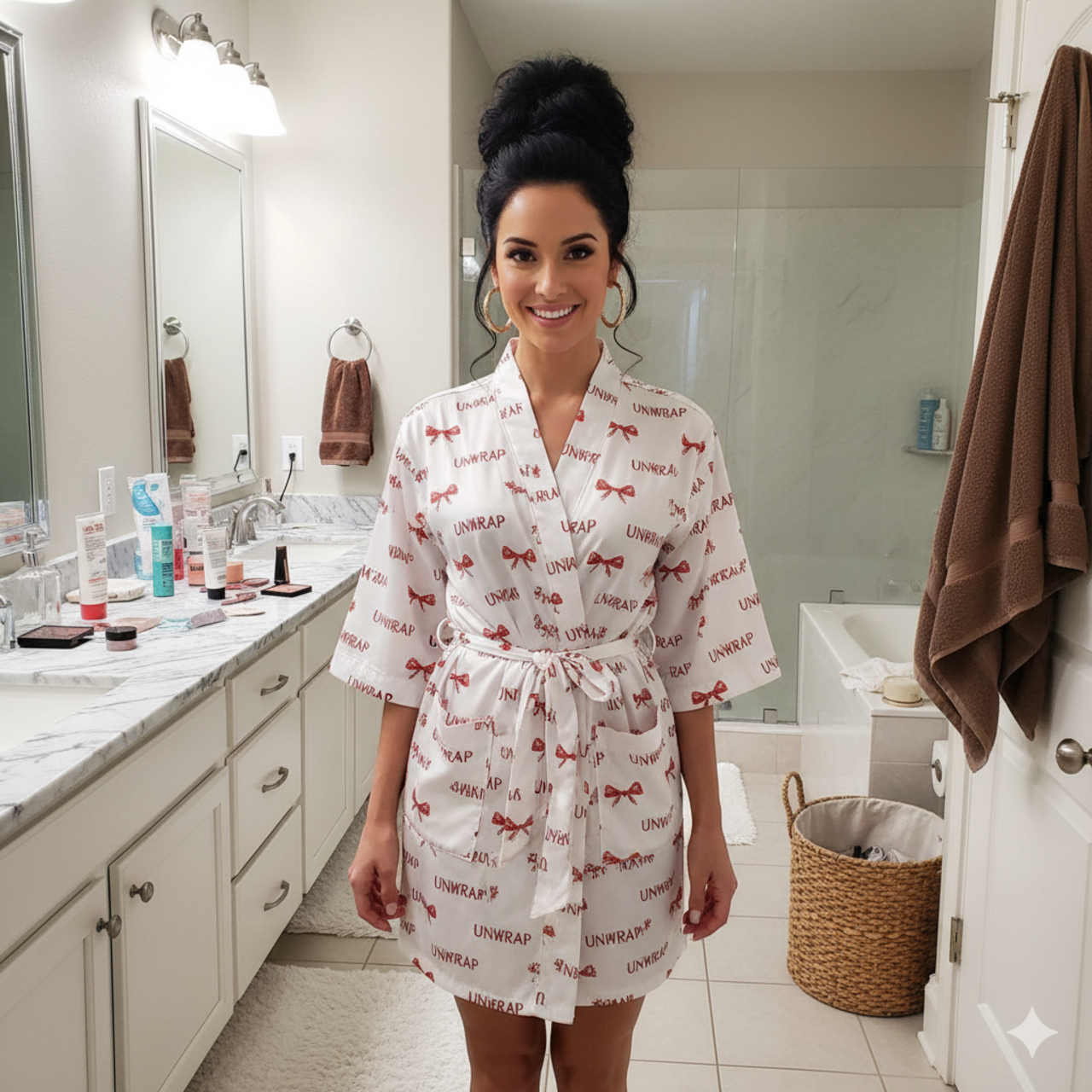 'Unwrap Me' Holiday Kimono Robe — Festive Wrap-Print Long Sleeve Robe