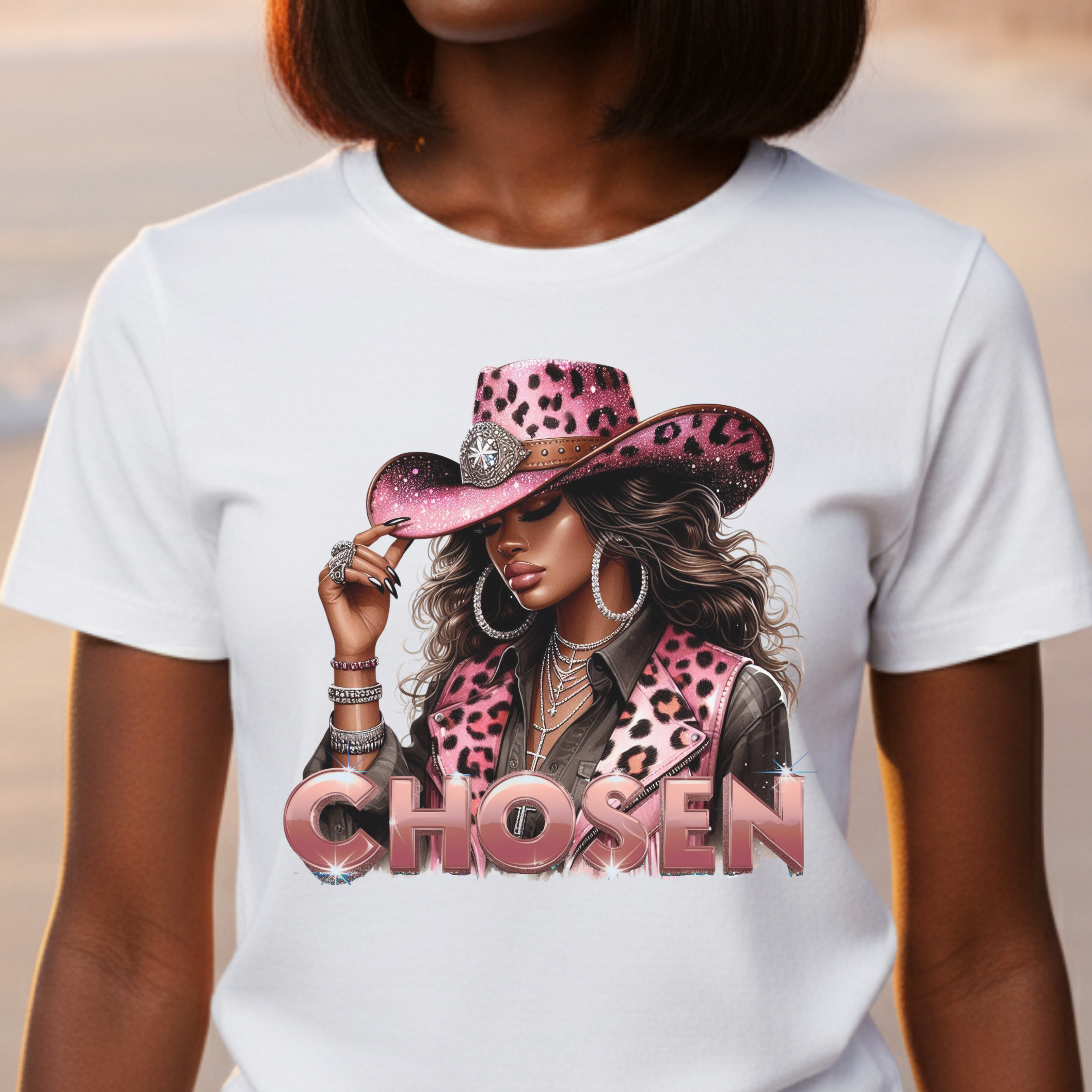 "Chosen" Faith Based Women’s Cotton Short Sleeve T-Shirt – Identity. Purpose. Power. Cowgirl Graphic