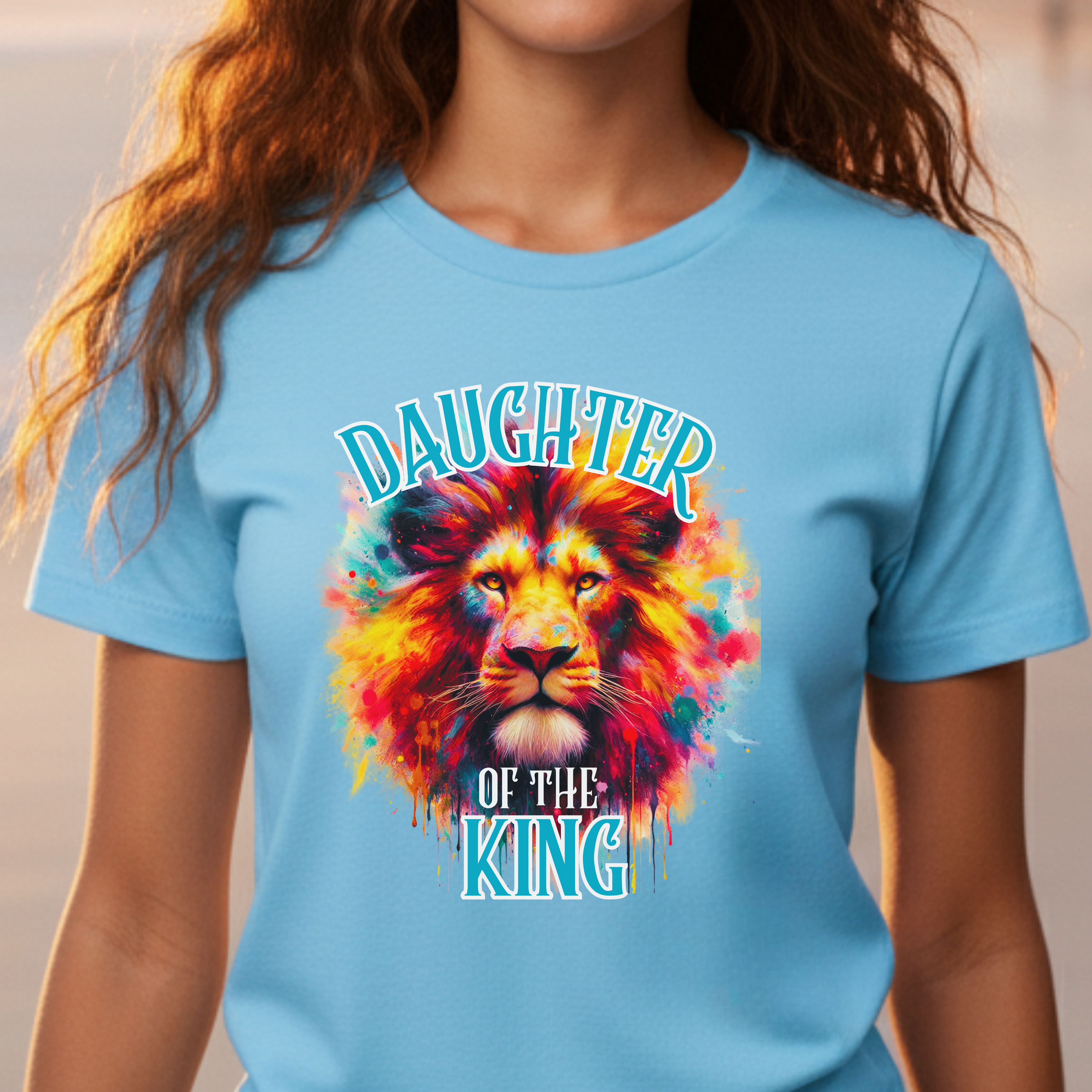 "Daughter Of A King" Faith Based Women's Cotton Short Sleeve T-Shirt Colorful Graphic Tee with Inspirational Message  product thumbnail image