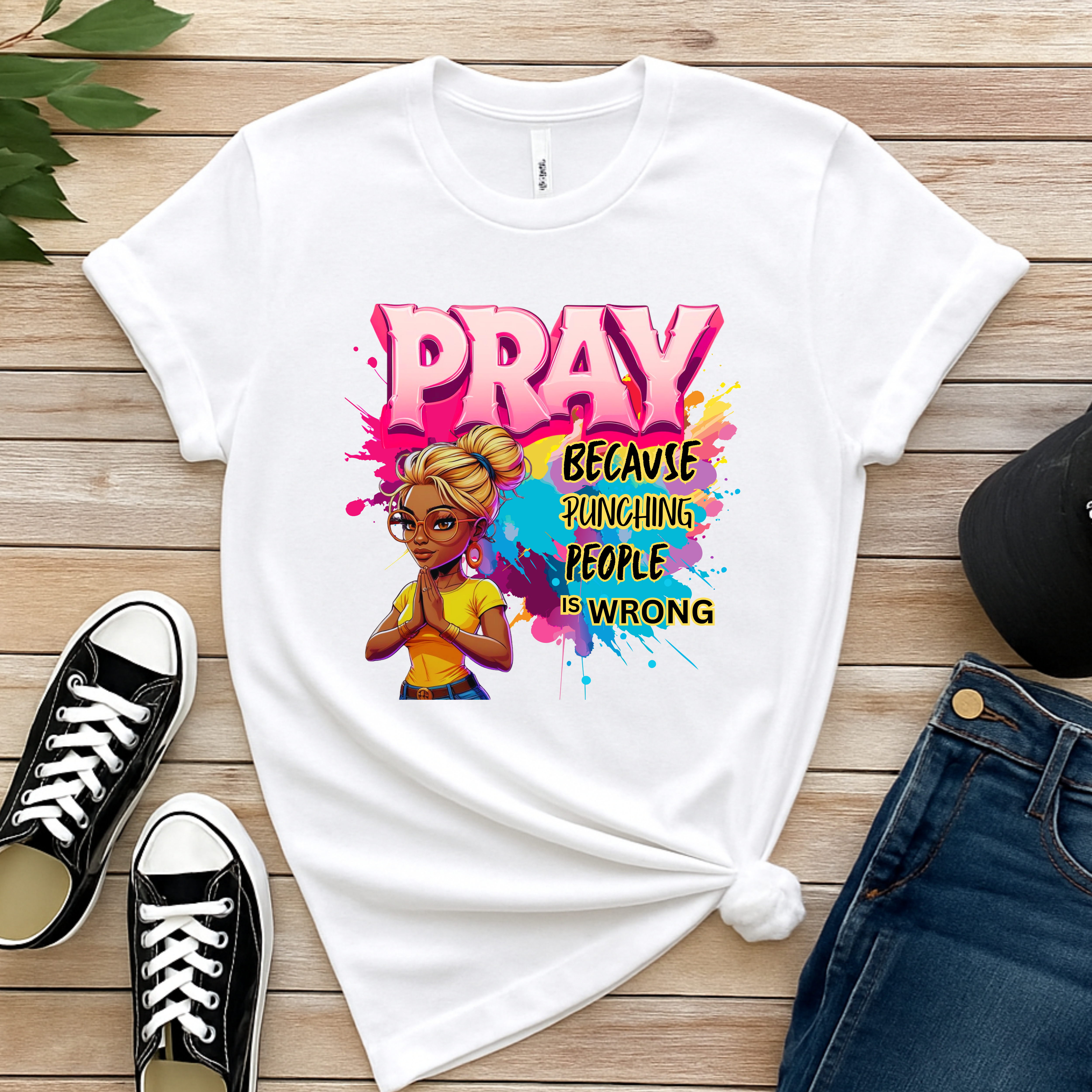 "Pray Because Hitting People Is Wrong" Christian Women’s Cotton Short Sleeve T-Shirt – Faith, Humor Motivational &amp; Grace Colorful Graphic Tee with Inspirational Message  product thumbnail image