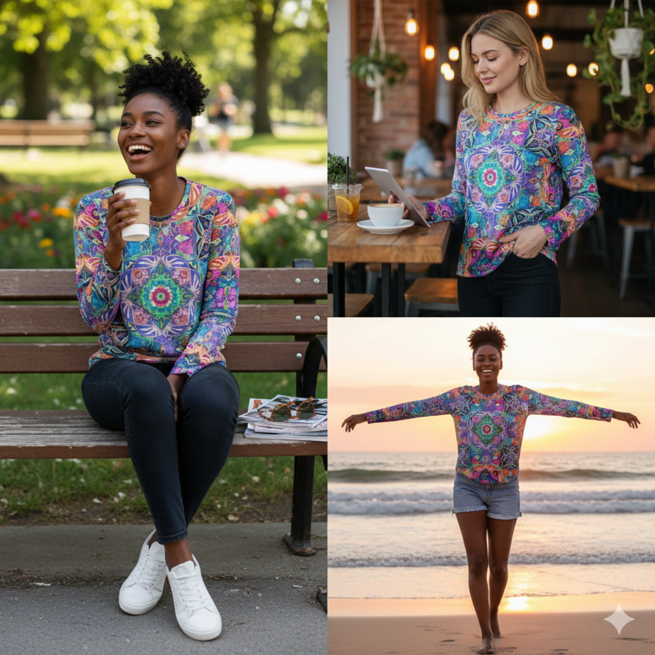 Bohemian Kaleidoscope V-Neck Long Sleeve — Women's Psychedelic All-Over Print Shirt product thumbnail image Bohemian Kaleidoscope V-Neck Long Sleeve — Women's Psychedelic All-Over Print Shirt product thumbnail image