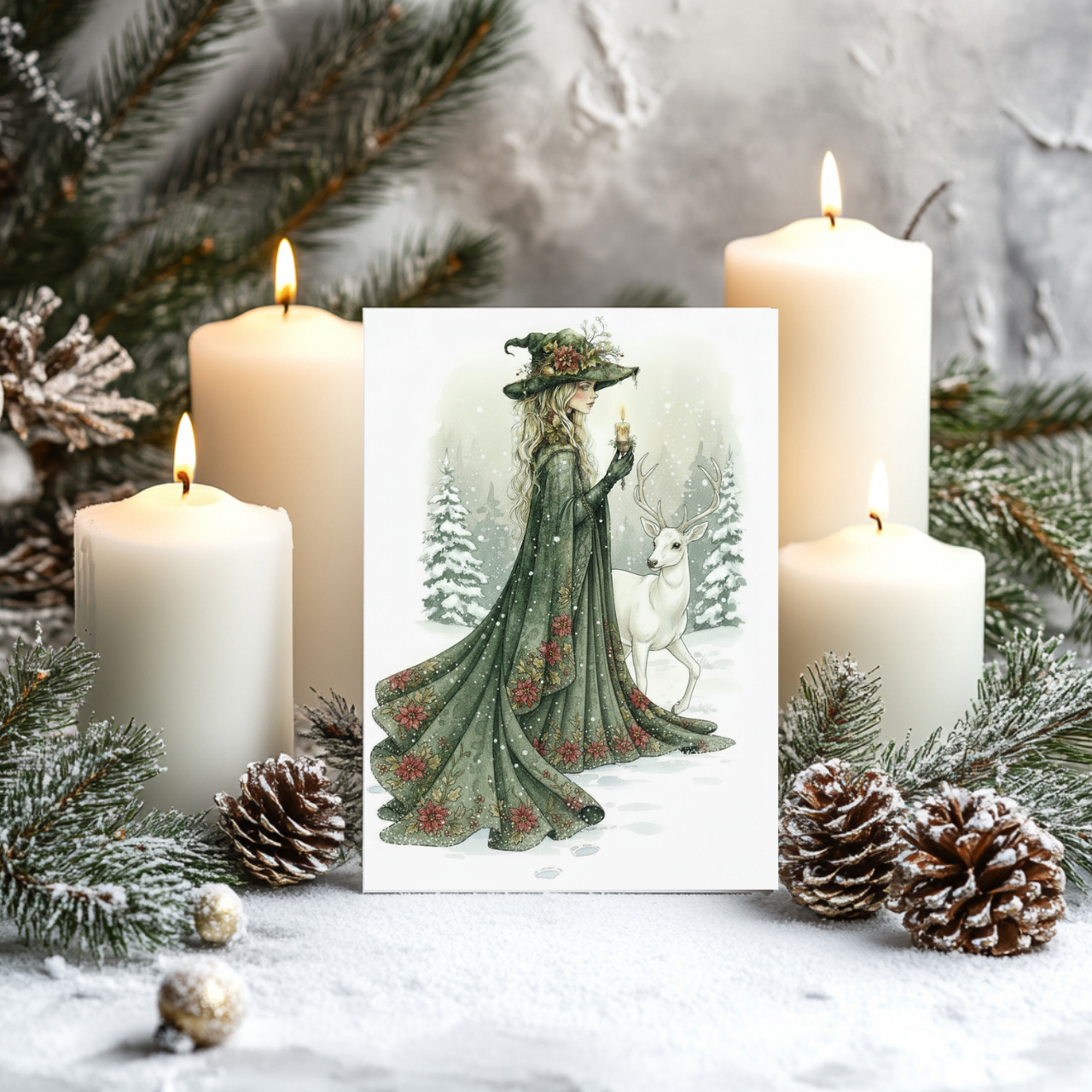 (U.S.) Forest Witch’s Yule Blessing Greeting Cards — Pack of 8/16/24 Holiday Cards with Deer