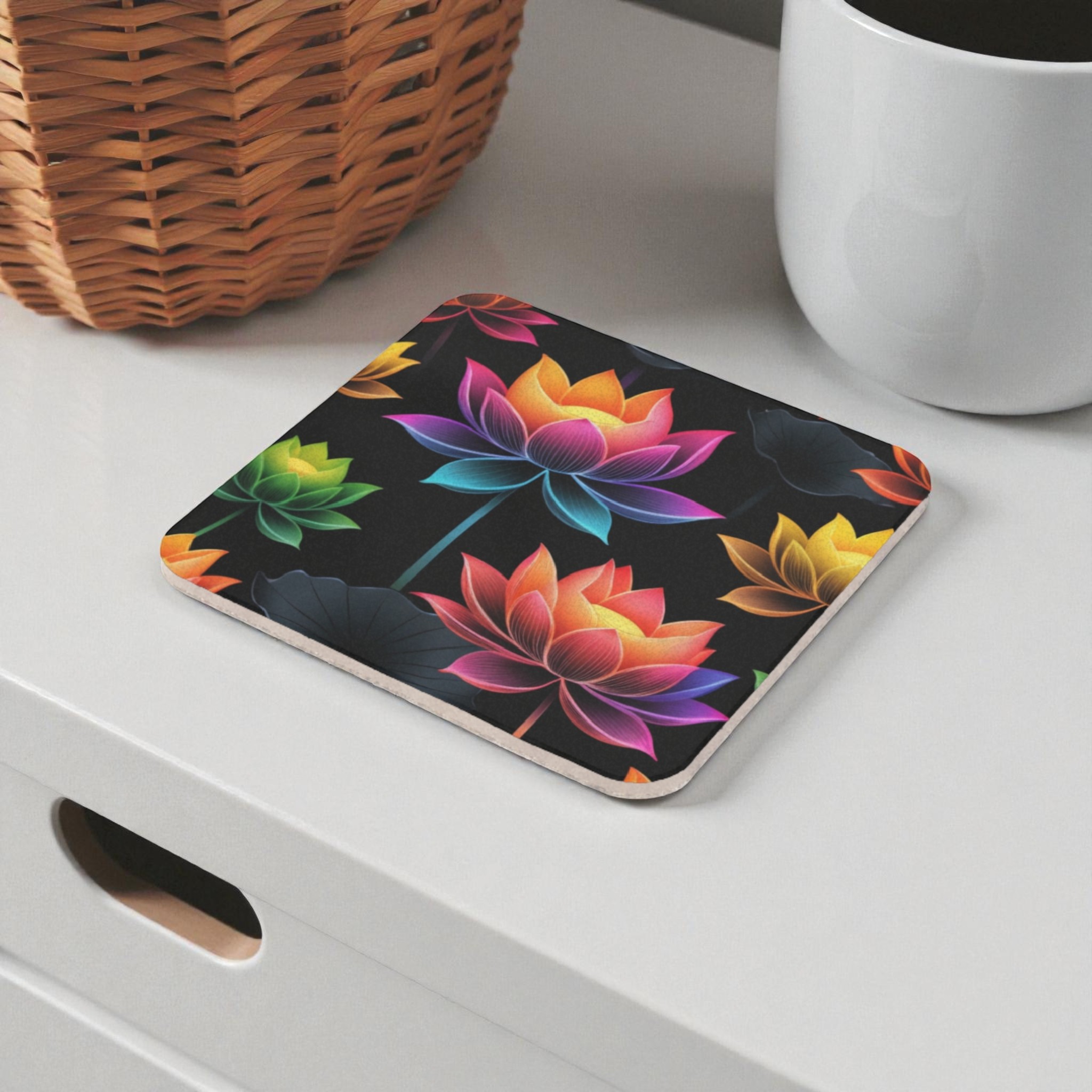 Colorful Lotus Black Background Cork Coaster