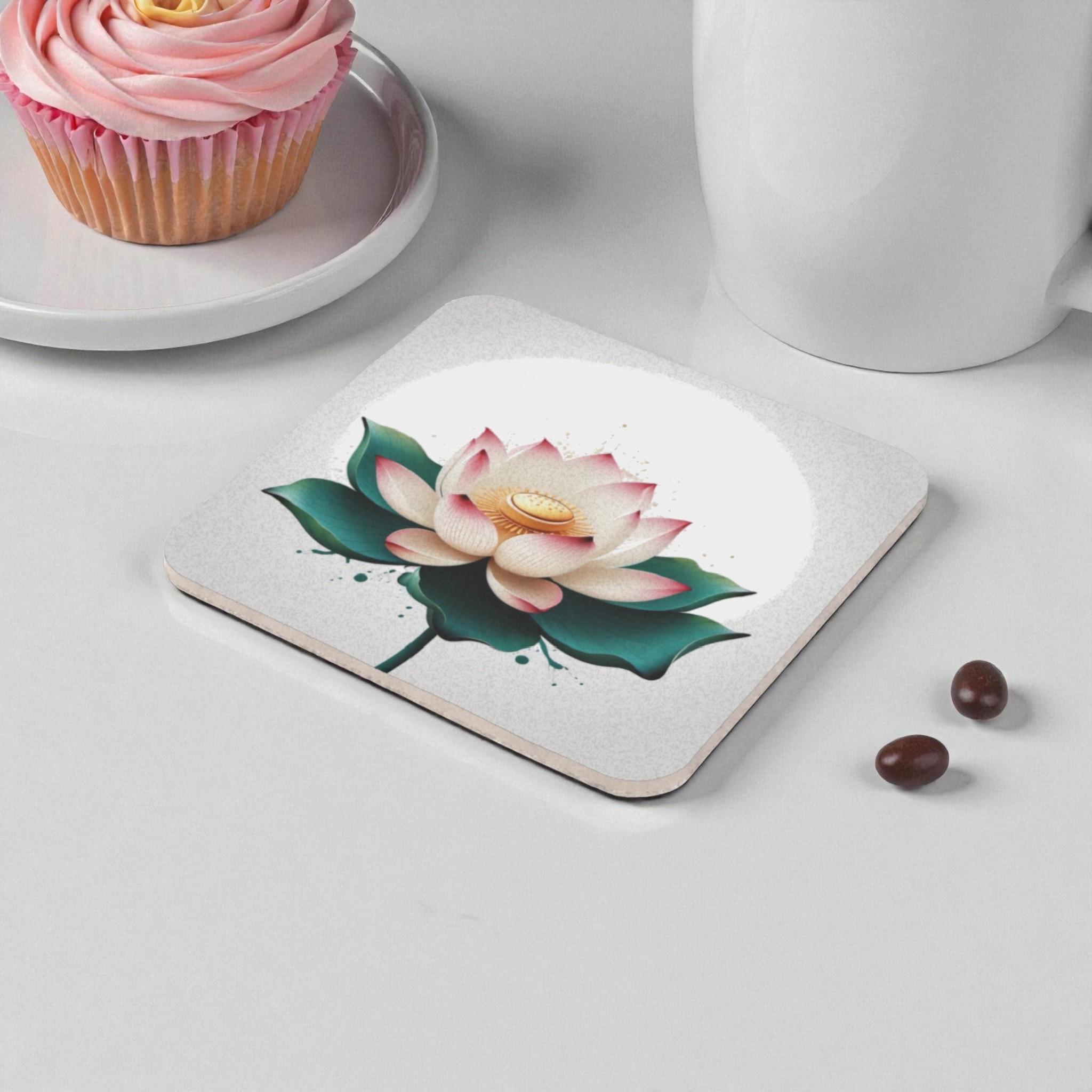Lotus Flower White Circle Background Cork Back Coaster