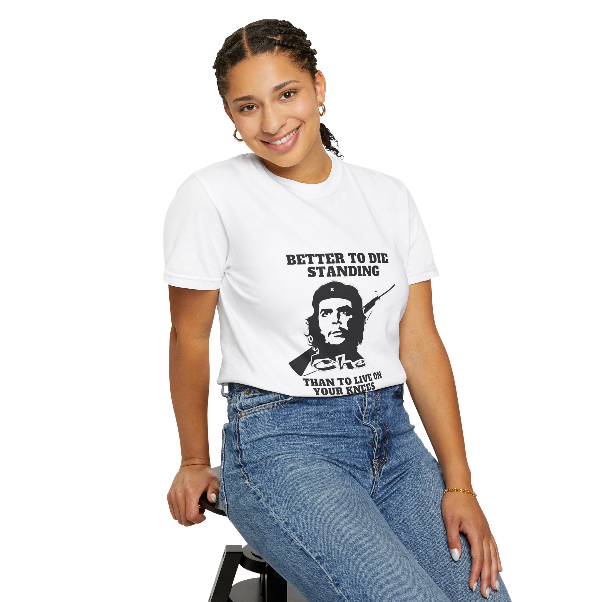 Graphic T-Shirt — 'Better to Die Standing Than to Live on Your Knees' Statement Tee product thumbnail image Graphic T-Shirt — 'Better to Die Standing Than to Live on Your Knees' Statement Tee product thumbnail image