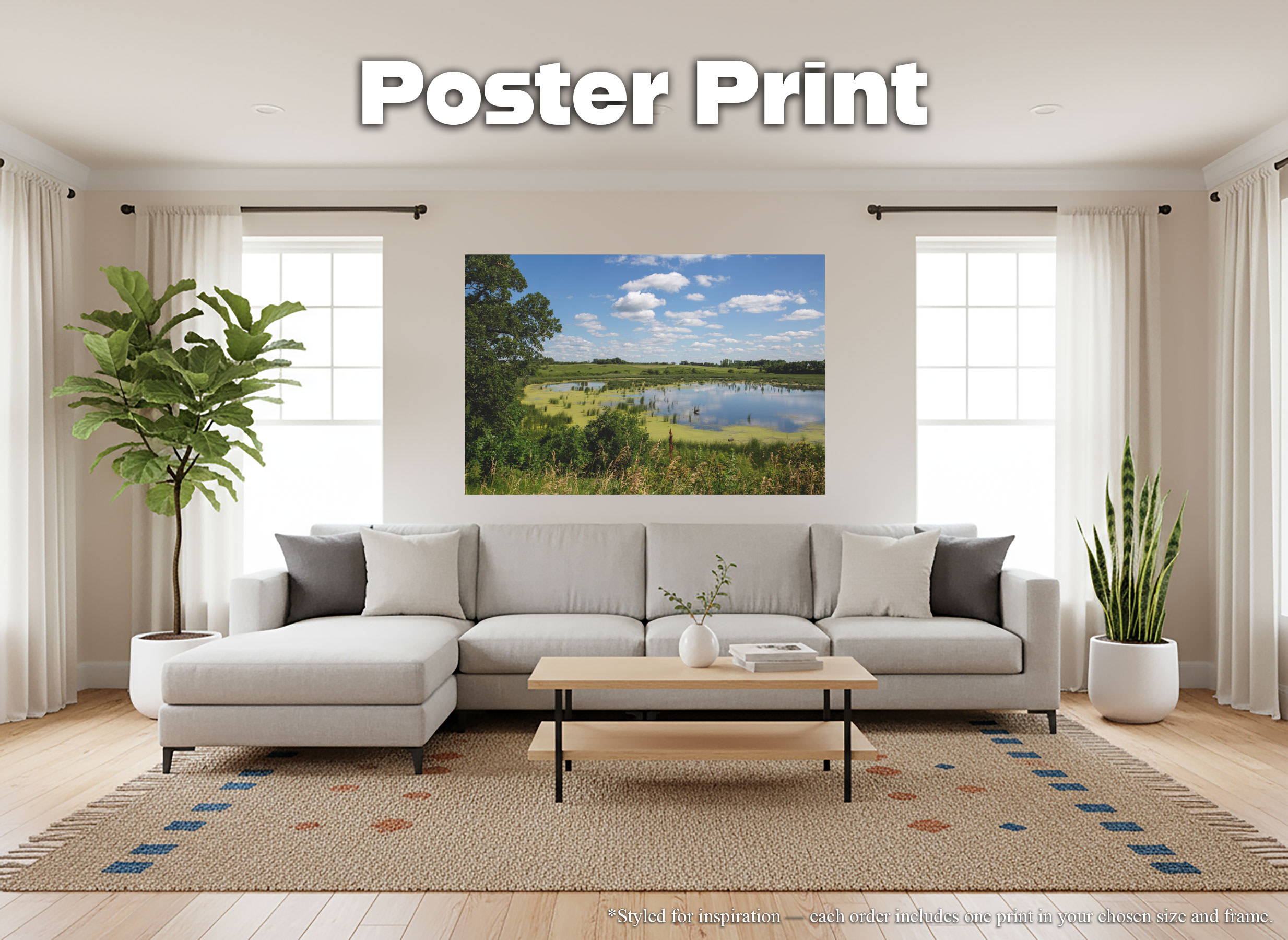 Marsh Slough Landscape - Giclée Poster Print - Blue Sky Reflection with Reeds and Green Water Scene Photography #35