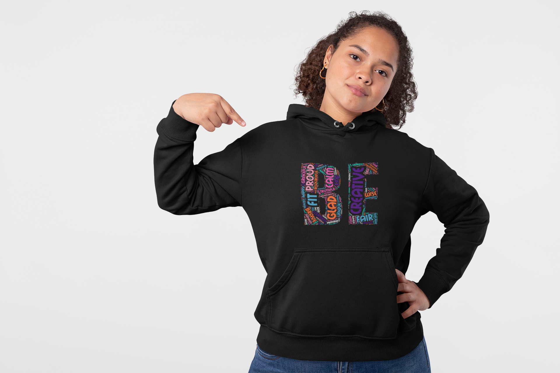 BE Creative Word Art Hoodie — Colorful 'Creative' Typography Pullover