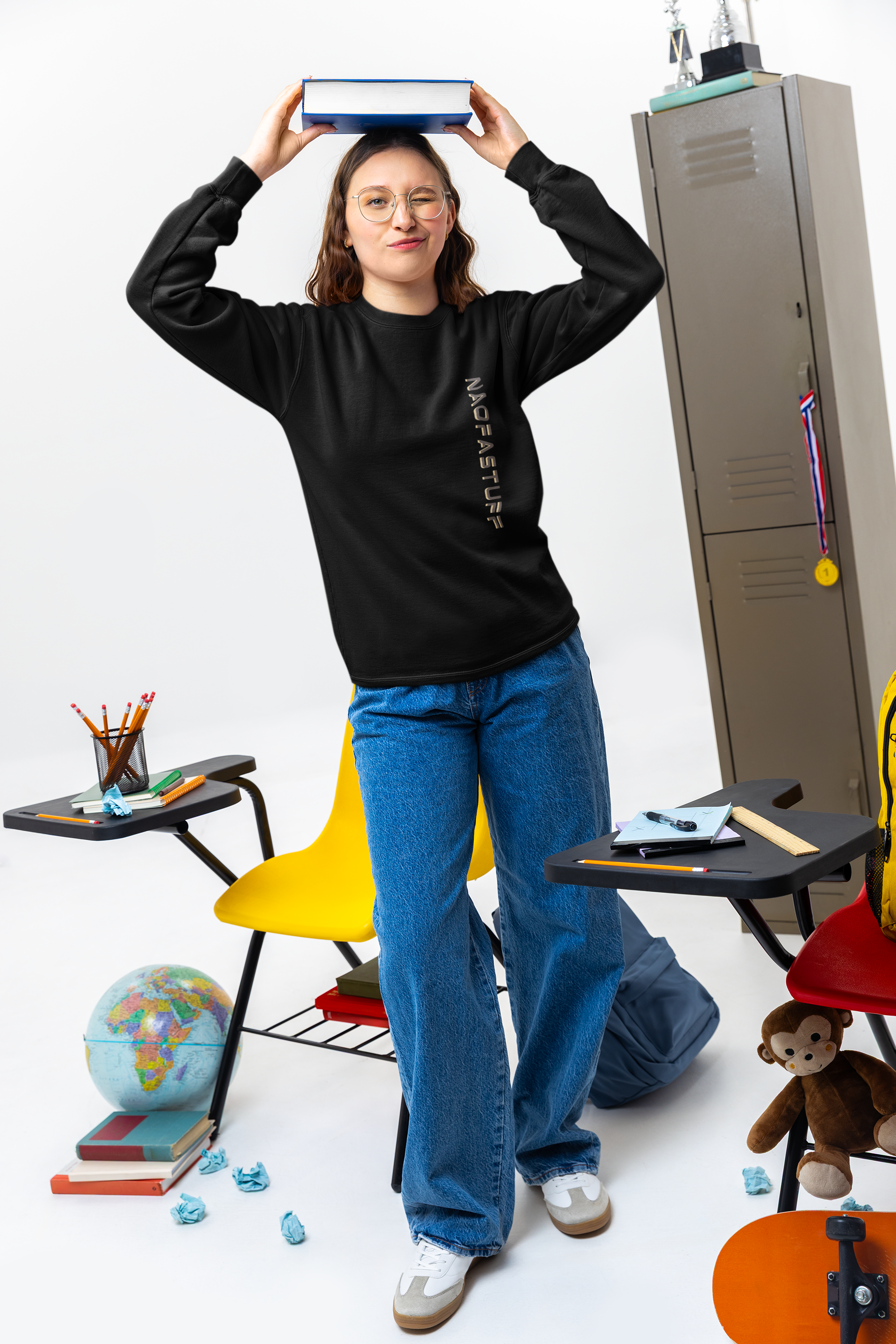 Youth Crewneck Sweatshirt — 'NAOFASTRONG' Minimal Vertical Logo product thumbnail image