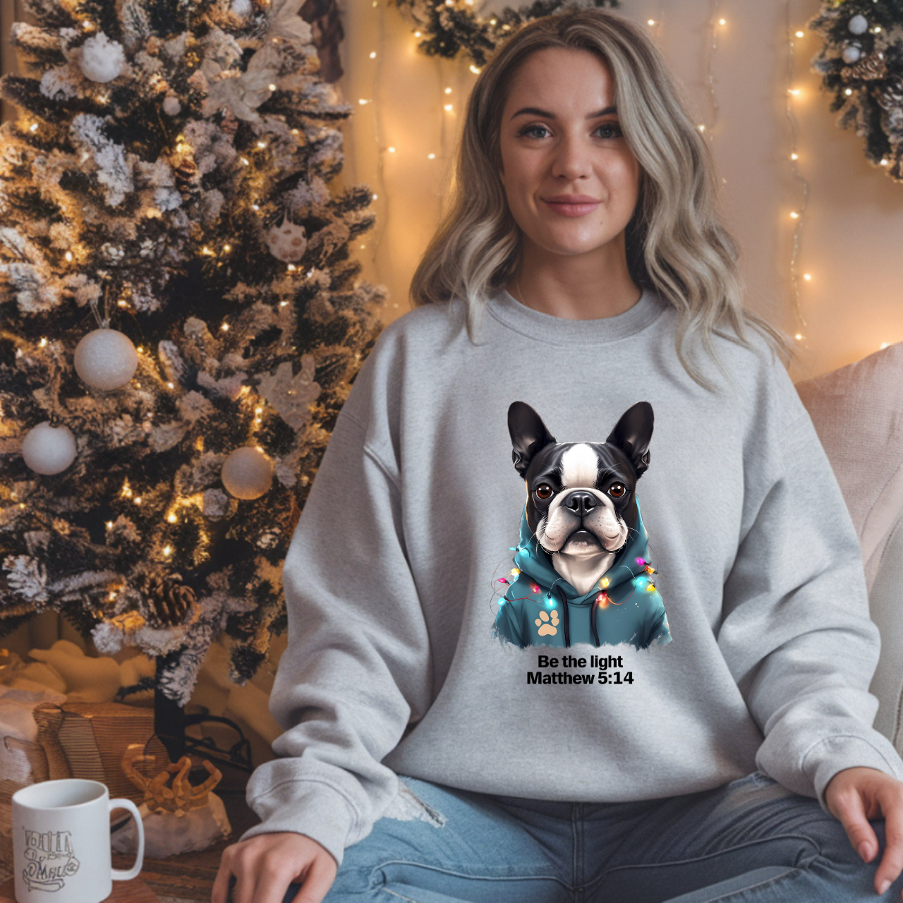 Be the Light Boston Terrier Christmas Gildan Sweatshirt | Christian Unisex Crewneck