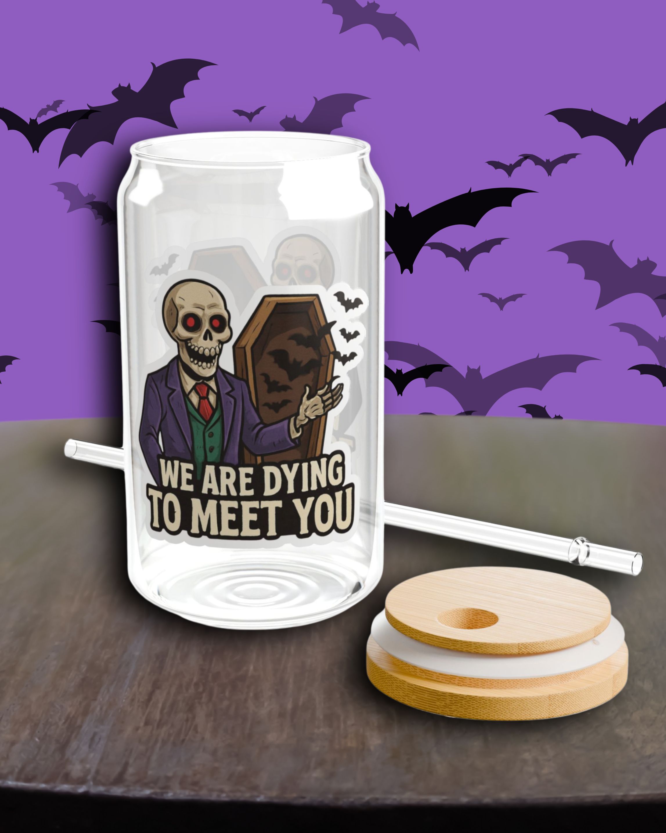 Sipper Glass - Halloween Spooky Ai Cartoon Design  with 'We Are Dying to Meet You' Text, 16oz product thumbnail image