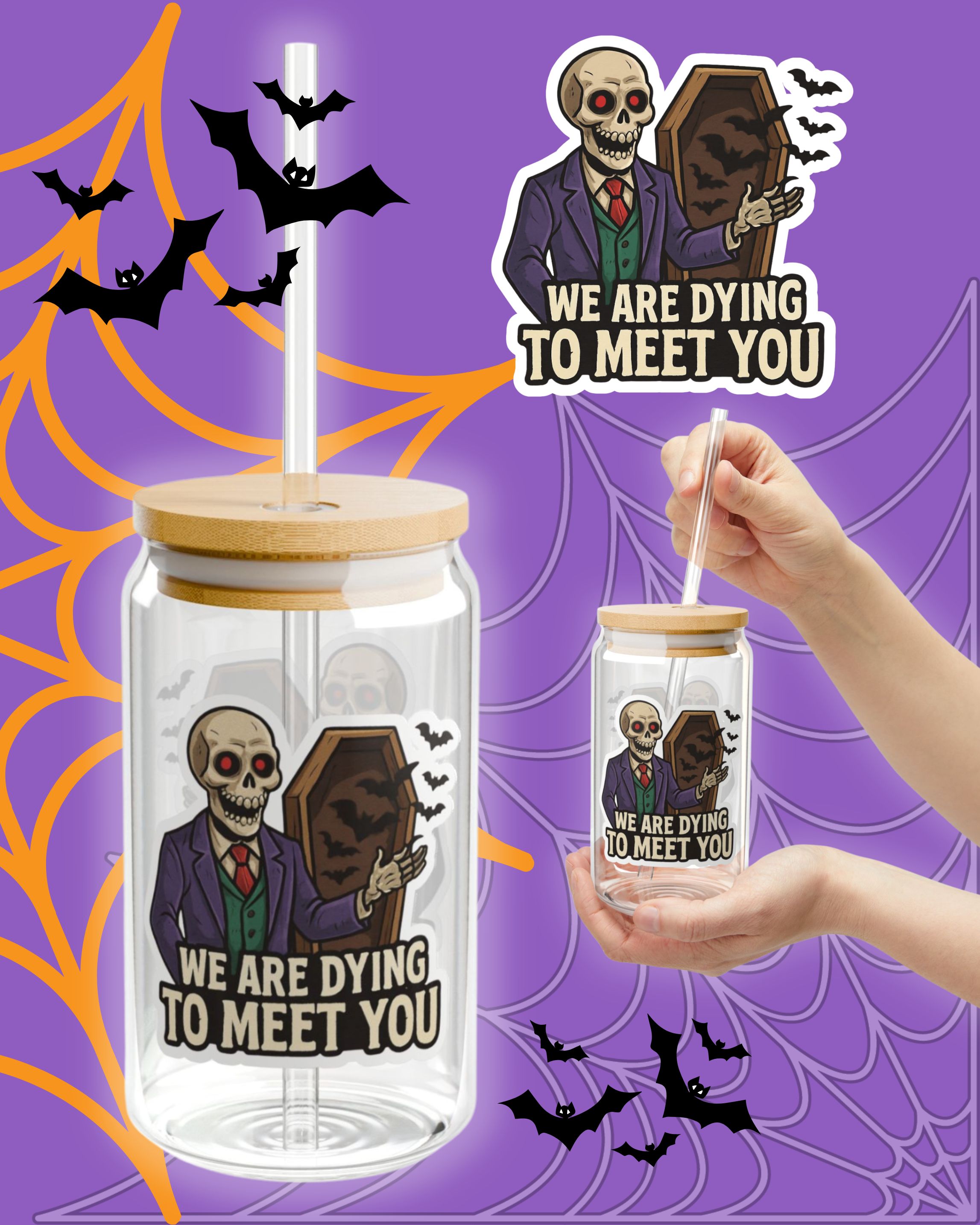 Sipper Glass - Halloween Spooky Ai Cartoon Design  with 'We Are Dying to Meet You' Text, 16oz product thumbnail image