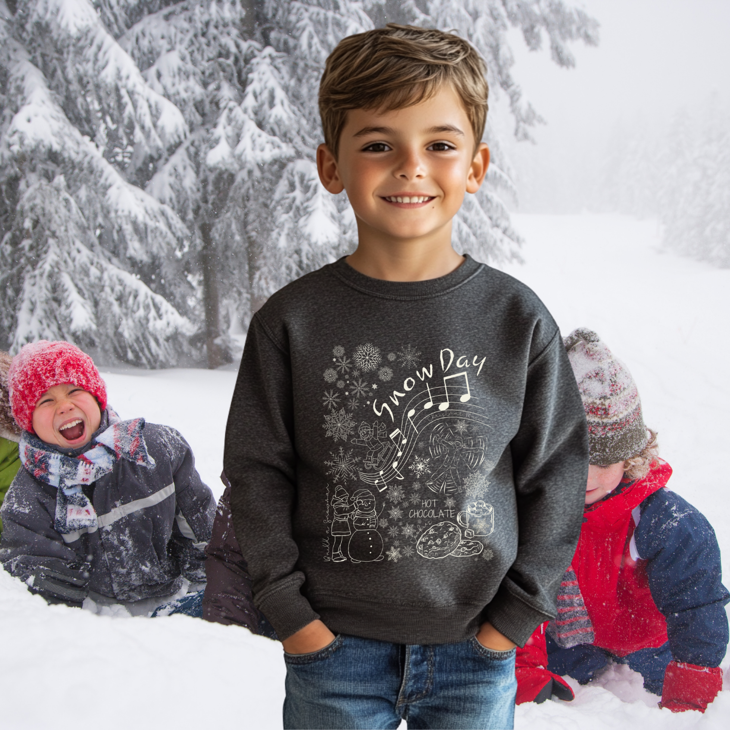 'Snow Day' Youth Sweatshirt Cute Winter Kids Crewneck with Snowflakes & Holiday Characters product thumbnail image 'Snow Day' Youth Sweatshirt Cute Winter Kids Crewneck with Snowflakes & Holiday Characters product thumbnail image