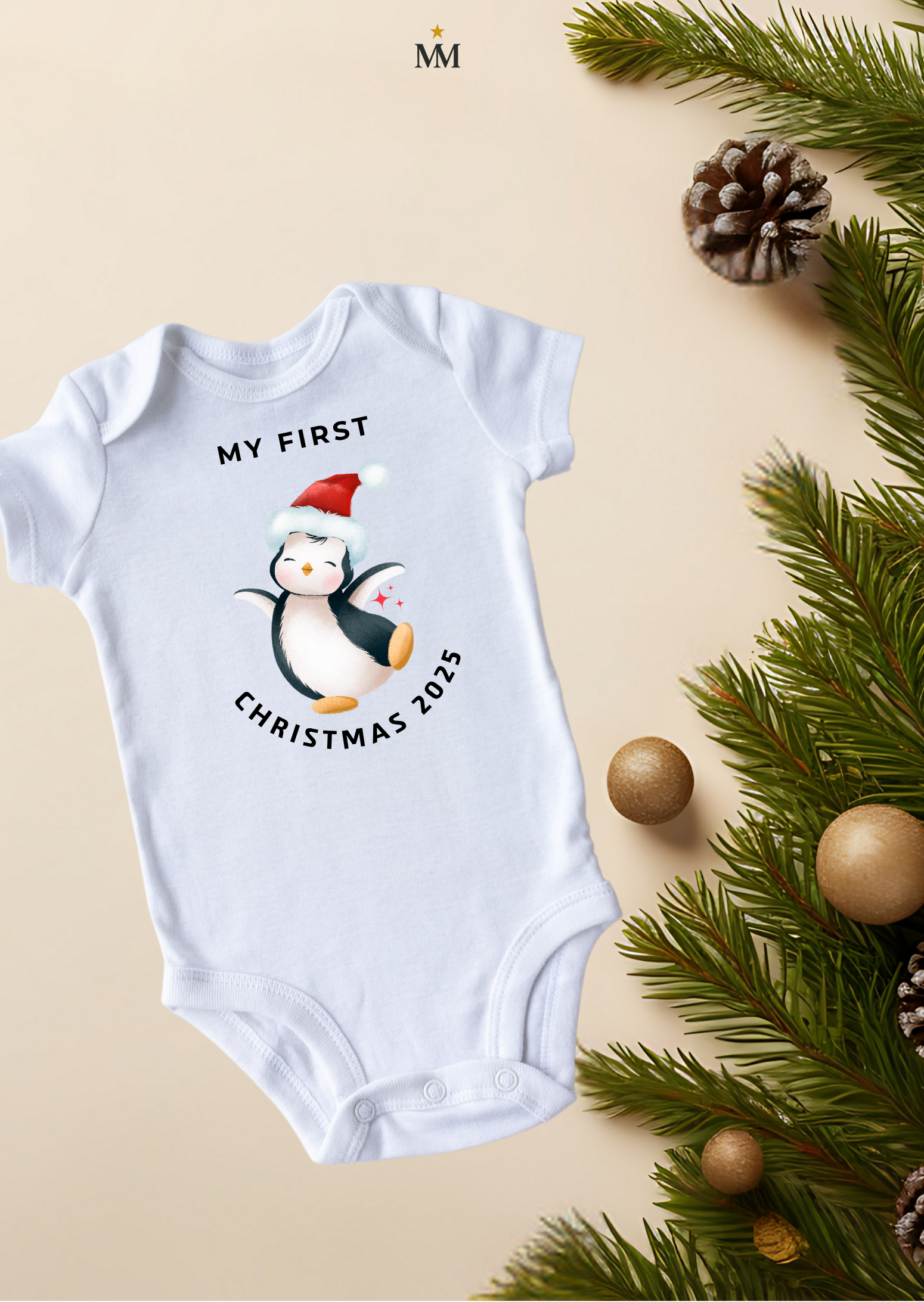 Make your baby’s first Christmas magical with this personalised Penguin onsies or body suit is customised with your little one’s name and or the photo. A keepsake you’ll treasure forever. My First Christmas Penguin onsie is our Cute Personalised Edition  "A tiny onsie for the biggest first Christmas memories.” product thumbnail image