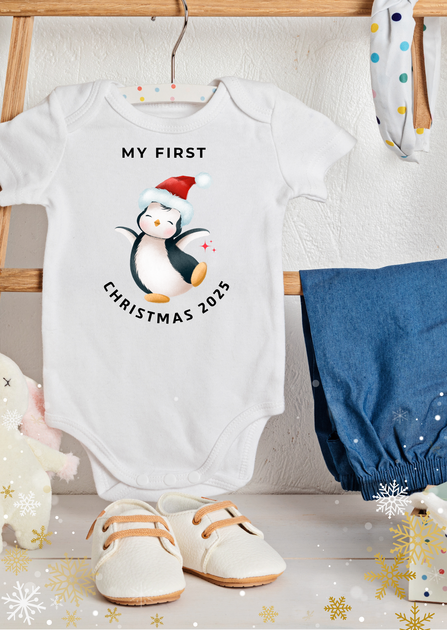 Make your baby’s first Christmas magical with this personalised Penguin onsies or body suit is customised with your little one’s name and or the photo. A keepsake you’ll treasure forever. My First Christmas Penguin onsie is our Cute Personalised Edition  "A tiny onsie for the biggest first Christmas memories.” product thumbnail image