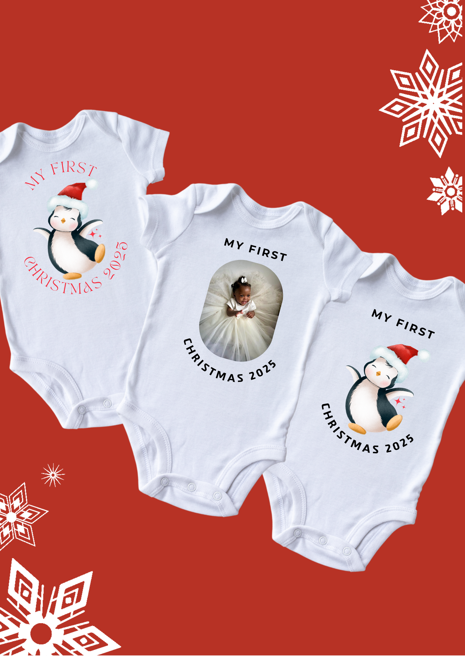 Make your baby’s first Christmas magical with this personalised Penguin onsies or body suit is customised with your little one’s name and or the photo. A keepsake you’ll treasure forever. My First Christmas Penguin onsie is our Cute Personalised Edition  "A tiny onsie for the biggest first Christmas memories.” product thumbnail image
