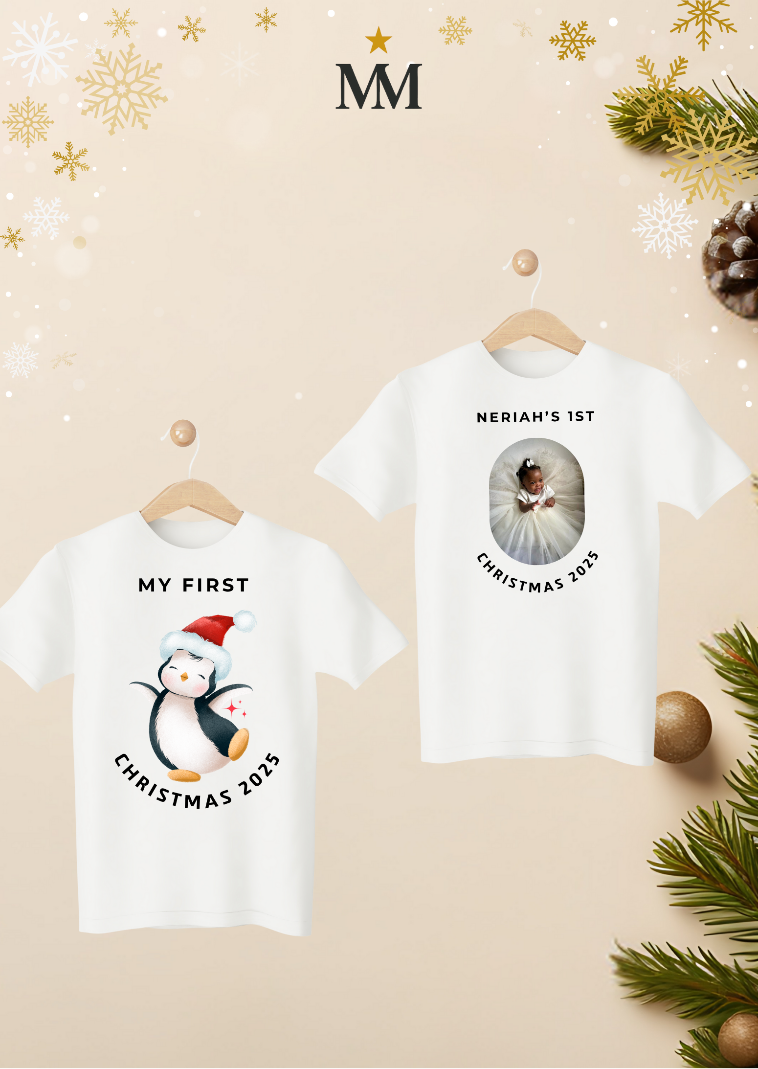 Make your baby’s first Christmas magical with this personalised Penguin T-shirt or Tee is customised with your little one’s name and or the photo. A keepsake you’ll treasure forever. My First Christmas Penguin T-Shirt is our Cute Personalised Edition "A tiny tee for the biggest first Christmas memories.” product thumbnail image Make your baby’s first Christmas magical with this personalised Penguin T-shirt or Tee is customised with your little one’s name and or the photo. A keepsake you’ll treasure forever. My First Christmas Penguin T-Shirt is our Cute Personalised Edition "A tiny tee for the biggest first Christmas memories.” product thumbnail image