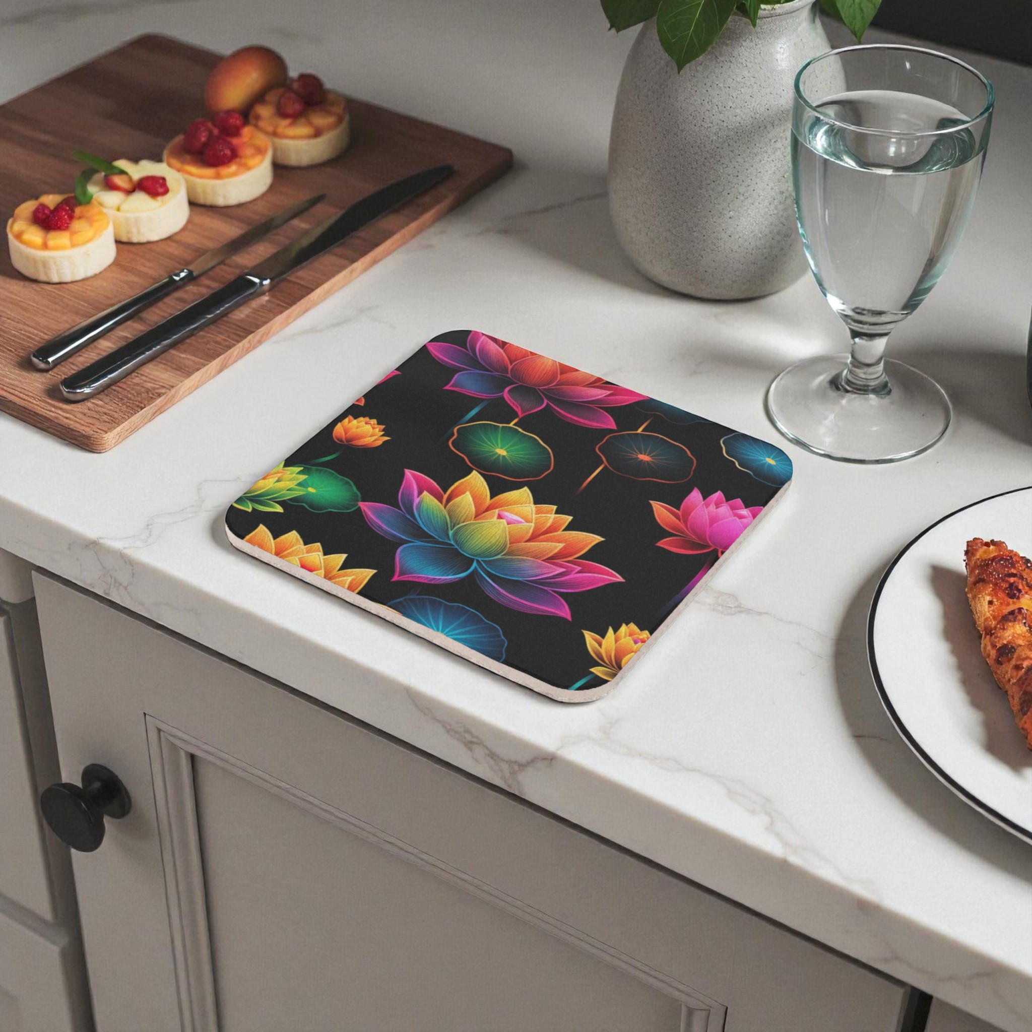 Vibrant Colorful Lotus Floral Cork Coaster