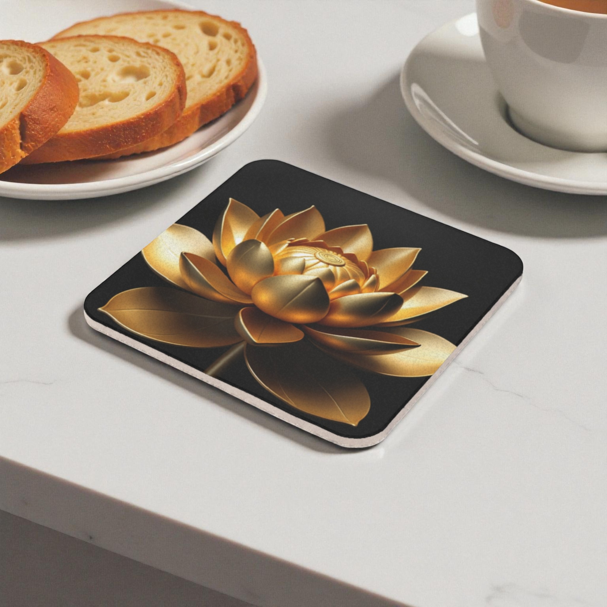 Midnight Bloom Golden Lotus Cork Back Coaster