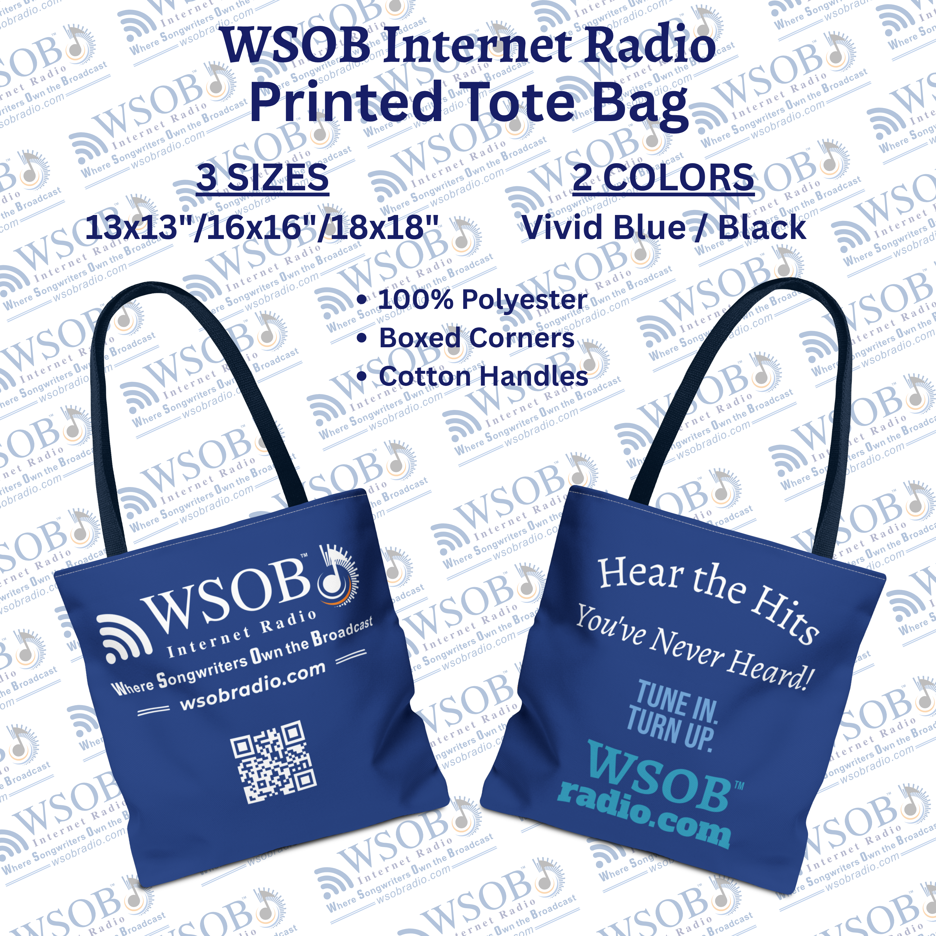 WSOB Internet Radio Tote Bag – ‘Hear the Hits You’ve Never Heard’ Promotional Tote product thumbnail image WSOB Internet Radio Tote Bag – ‘Hear the Hits You’ve Never Heard’ Promotional Tote product thumbnail image