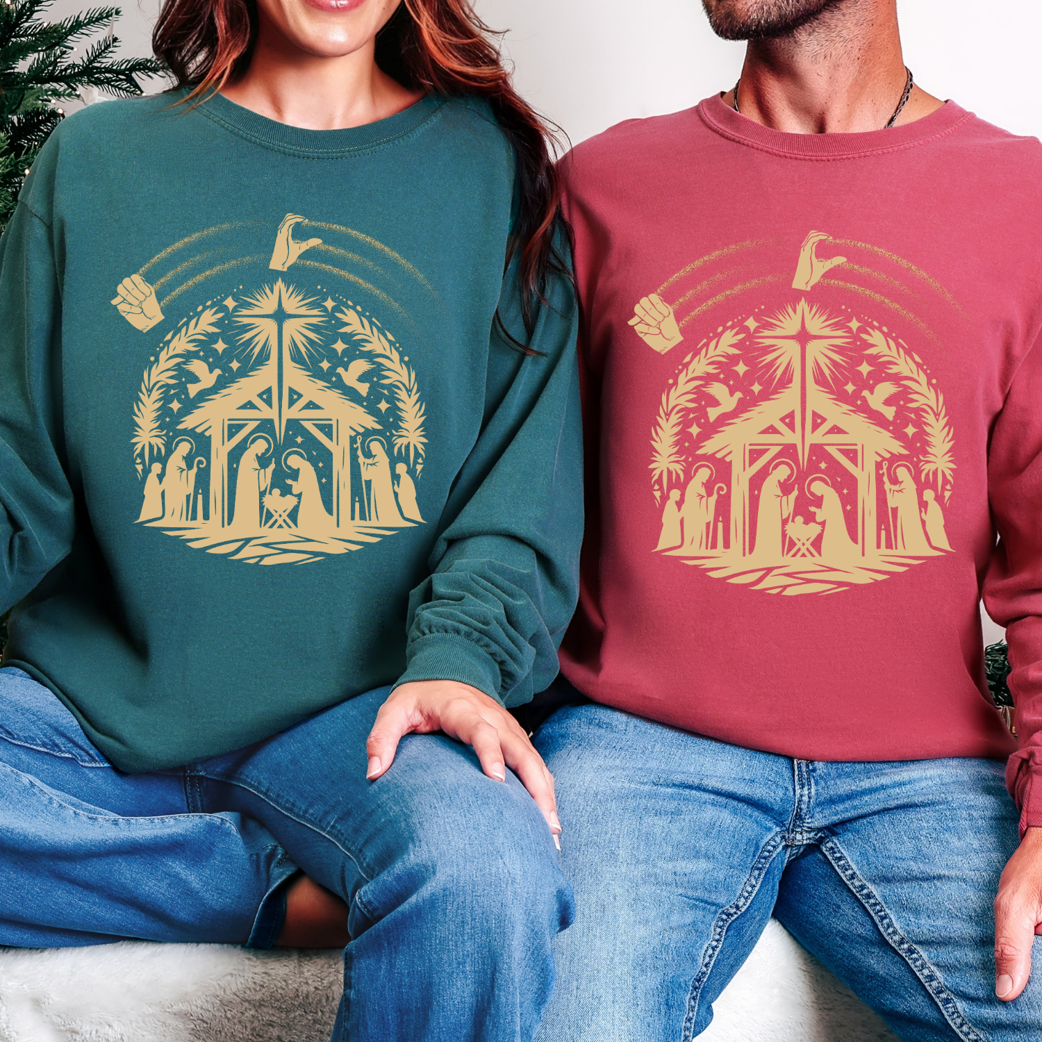 ASL Merry Christmas Nativity Scene Long Sleeve Comfort Colors Tee— Rustic Christmas Manger Shirt
