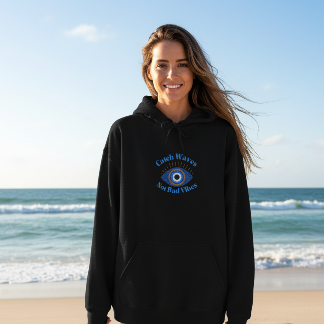 Catch Waves Not Bad Vibes Hoodie | Embroidered Evil Eye Hoodie | Coastal Protection Sweatshirt | Beachy Summer Hoodie | Good Vibes Gift product thumbnail image