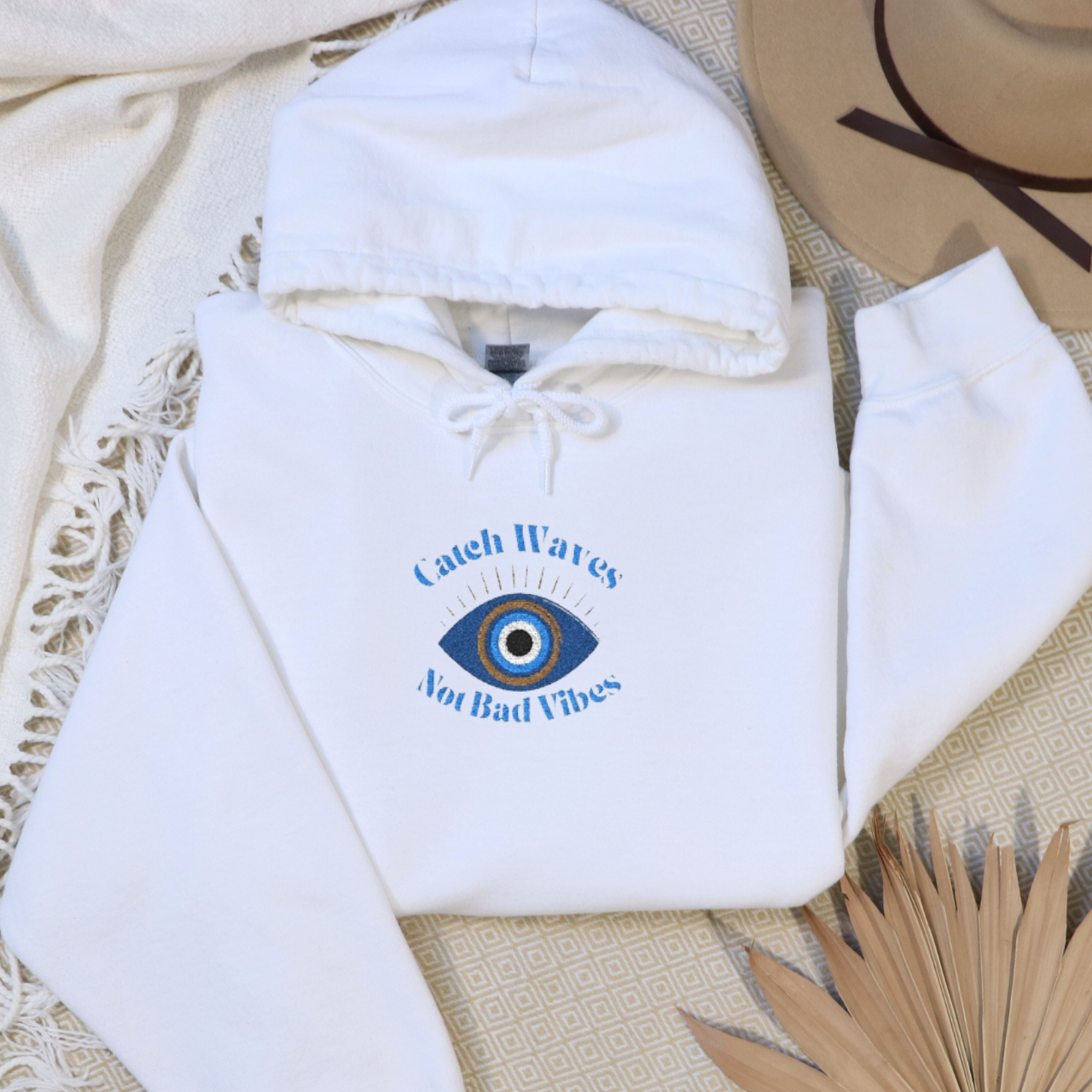Catch Waves Not Bad Vibes Hoodie | Embroidered Evil Eye Hoodie | Coastal Protection Sweatshirt | Beachy Summer Hoodie | Good Vibes Gift product thumbnail image Catch Waves Not Bad Vibes Hoodie | Embroidered Evil Eye Hoodie | Coastal Protection Sweatshirt | Beachy Summer Hoodie | Good Vibes Gift product thumbnail image
