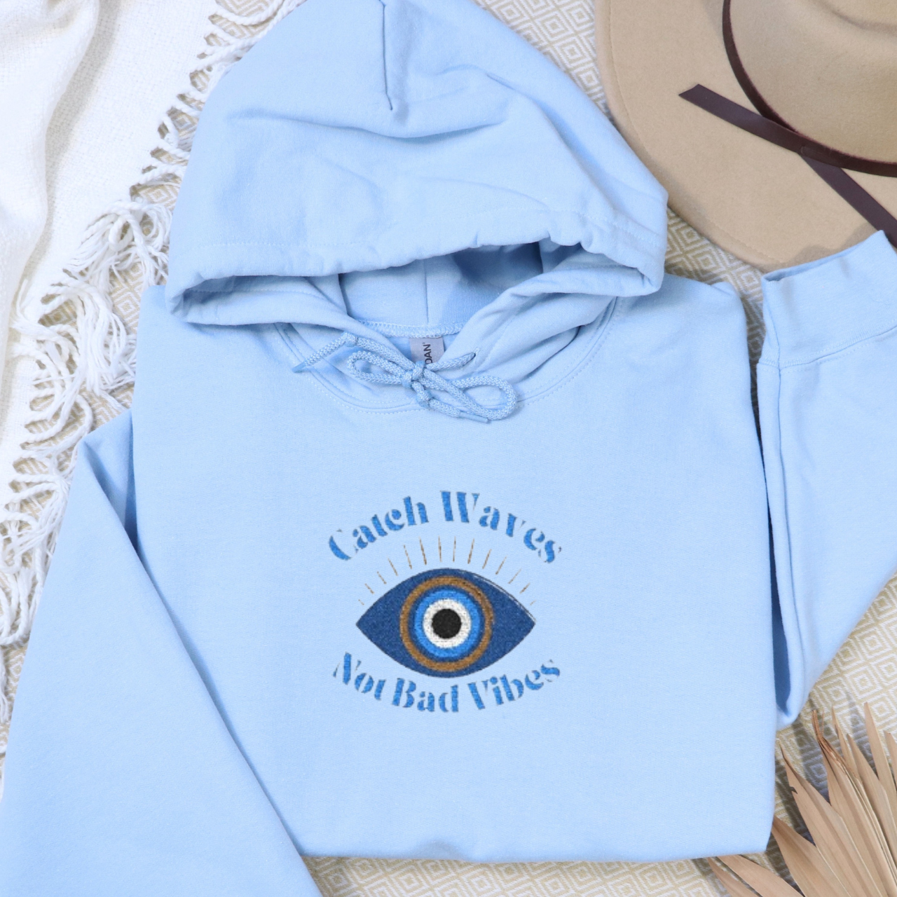 Catch Waves Not Bad Vibes Hoodie | Embroidered Evil Eye Hoodie | Coastal Protection Sweatshirt | Beachy Summer Hoodie | Good Vibes Gift product thumbnail image Catch Waves Not Bad Vibes Hoodie | Embroidered Evil Eye Hoodie | Coastal Protection Sweatshirt | Beachy Summer Hoodie | Good Vibes Gift product thumbnail image