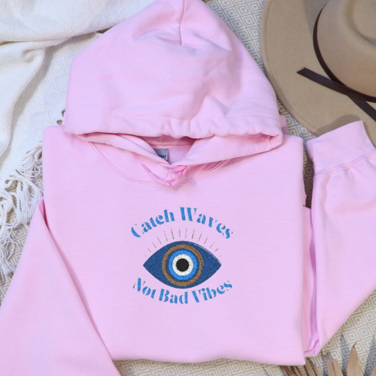 Catch Waves Not Bad Vibes Hoodie | Embroidered Evil Eye Hoodie | Coastal Protection Sweatshirt | Beachy Summer Hoodie | Good Vibes Gift product thumbnail image