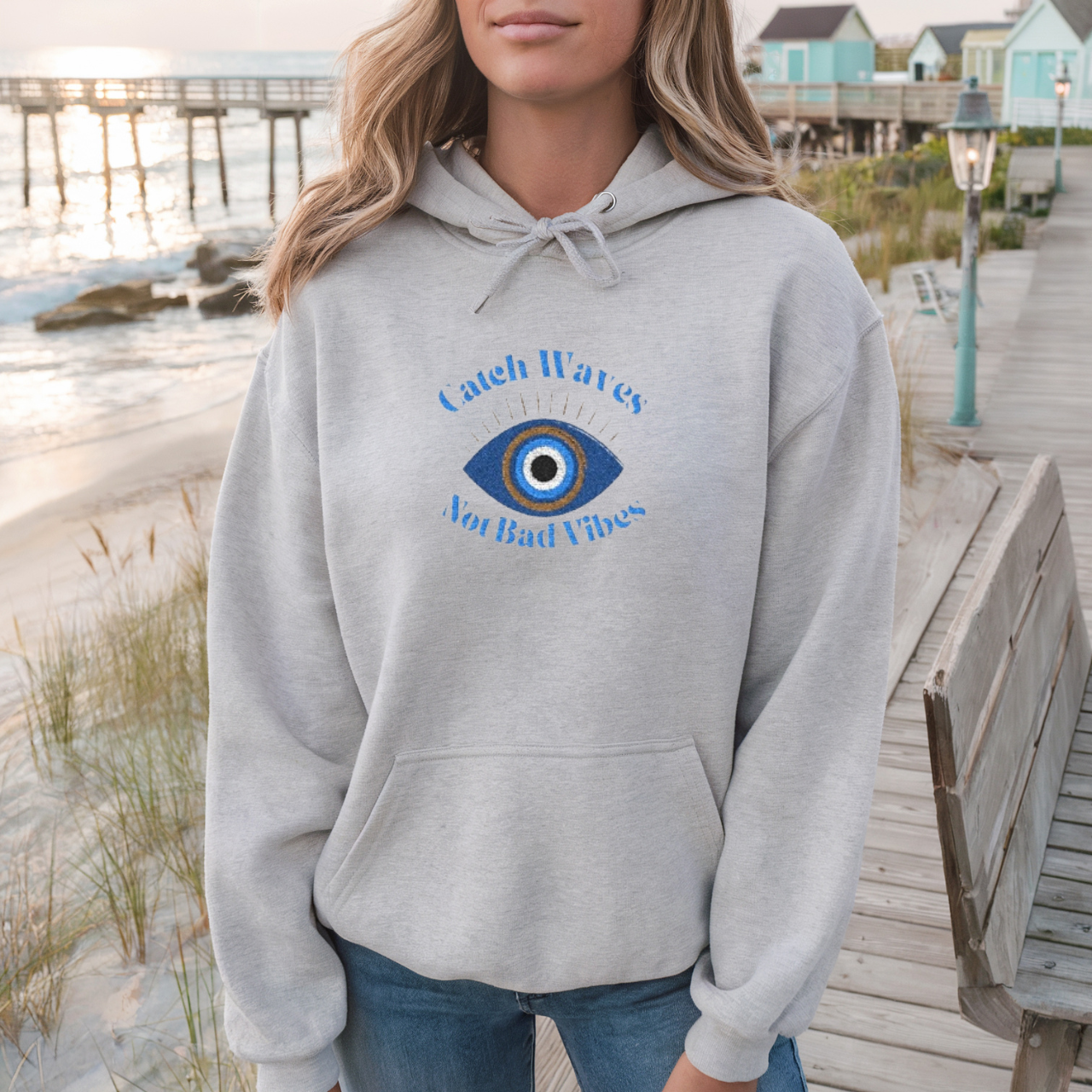 Catch Waves Not Bad Vibes Hoodie | Embroidered Evil Eye Hoodie | Coastal Protection Sweatshirt | Beachy Summer Hoodie | Good Vibes Gift product thumbnail image Catch Waves Not Bad Vibes Hoodie | Embroidered Evil Eye Hoodie | Coastal Protection Sweatshirt | Beachy Summer Hoodie | Good Vibes Gift product thumbnail image