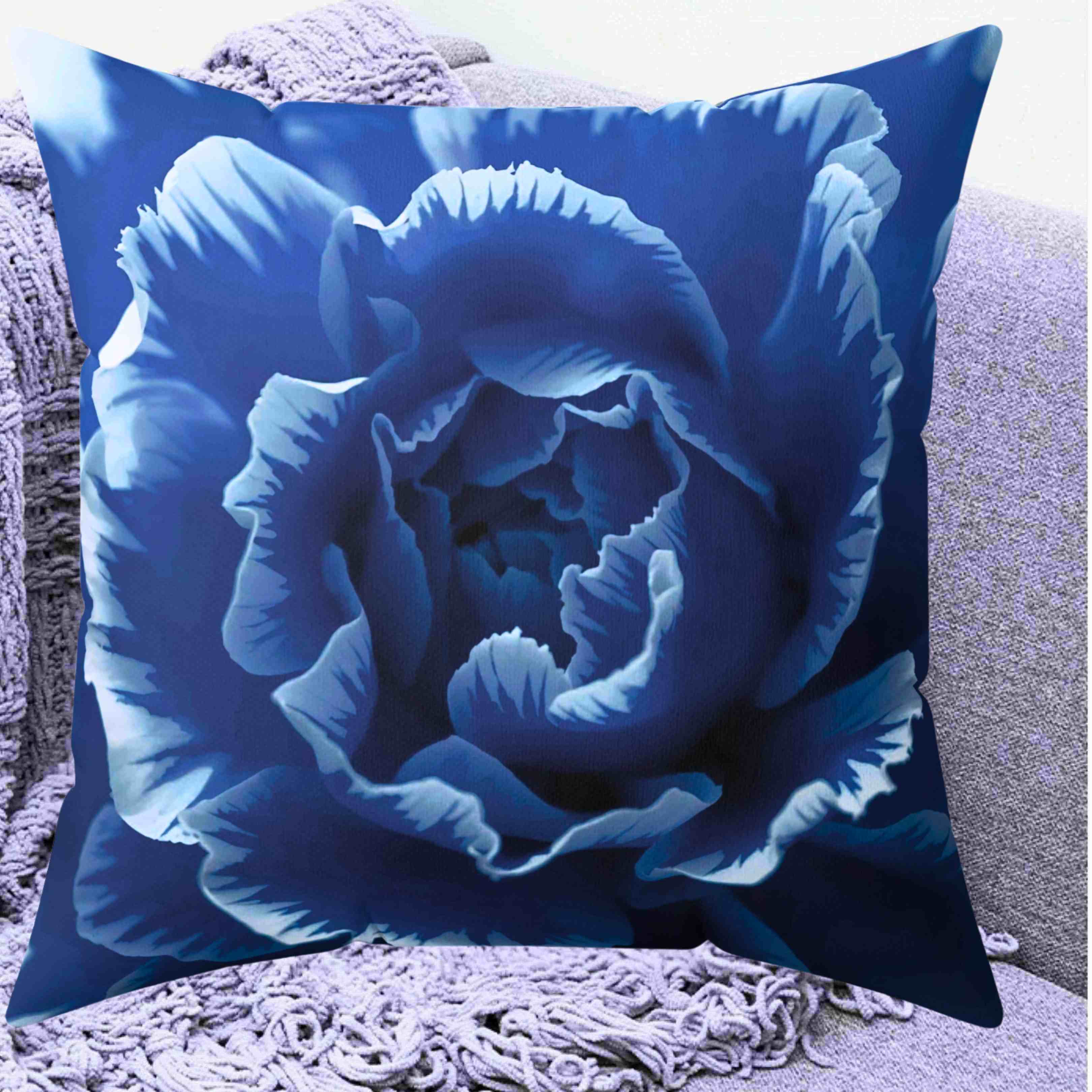 Blue Carnation Abstract Floral Pillow | Large Botanical Throw Pillow, Square Decorative Pillow