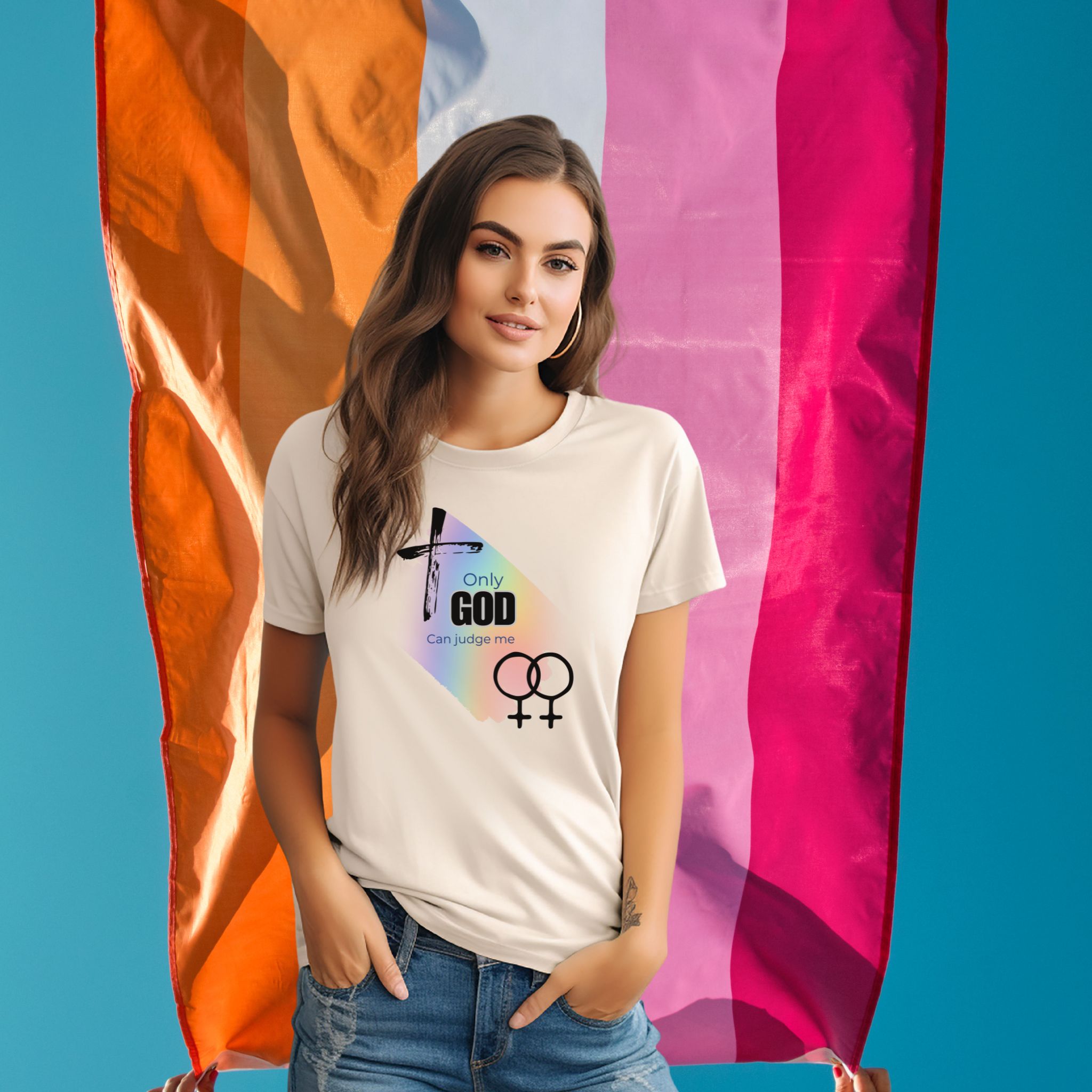 Lesbian only God Can Judge Me Unisex Softstyle T-Shirt with Inspirational LGBTQ+ Design product thumbnail image Lesbian only God Can Judge Me Unisex Softstyle T-Shirt with Inspirational LGBTQ+ Design product thumbnail image
