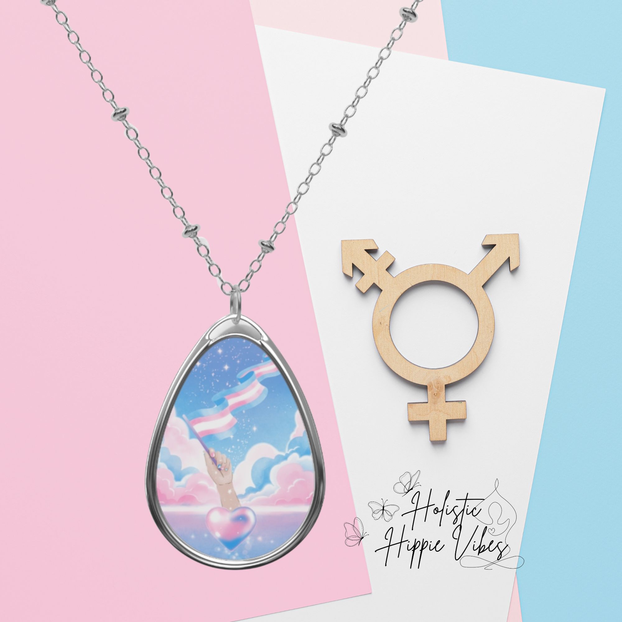 Dreamy Sky Celebrate Transgender Oval Necklace - Whimsical Adjustable Jewelry for Women product thumbnail image