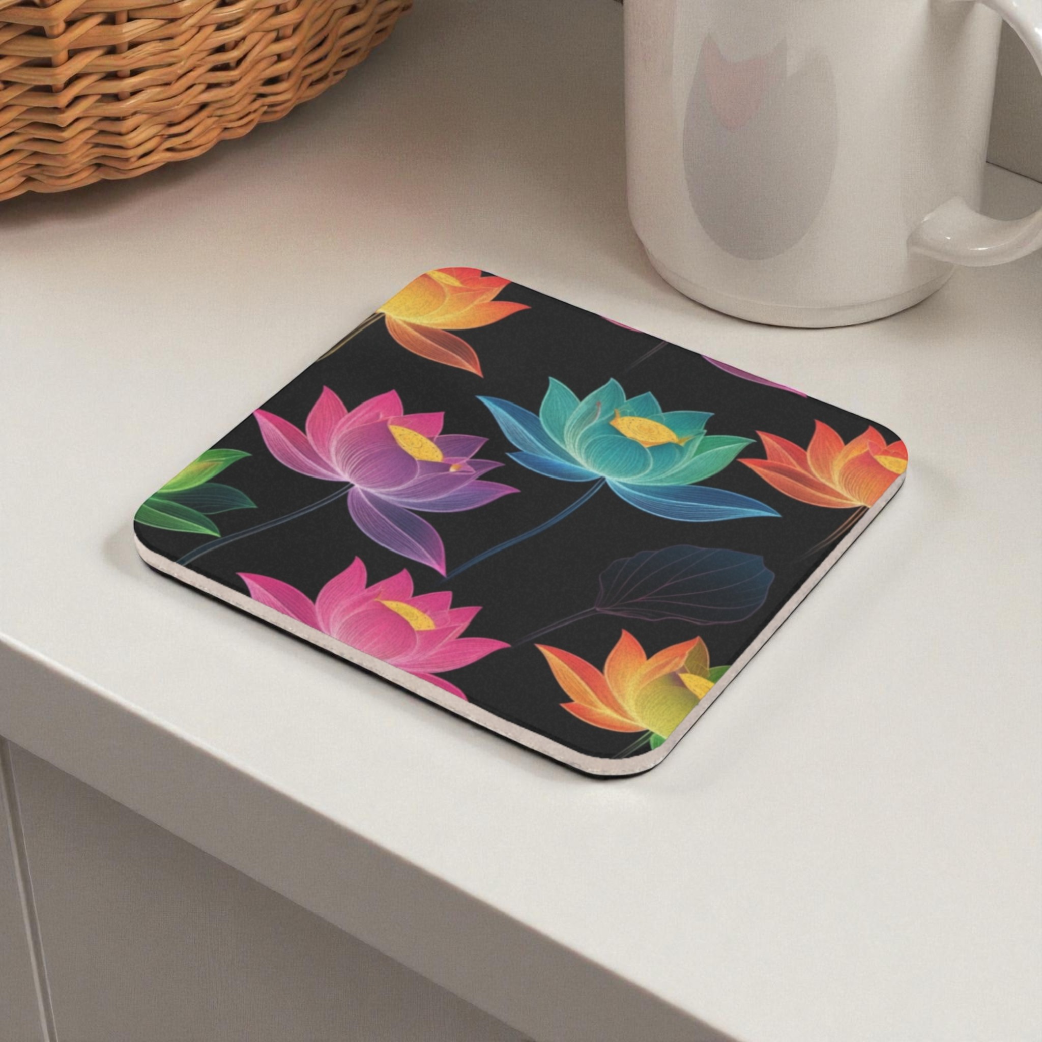 Twilight Lotus Glow Cork Back Coasters