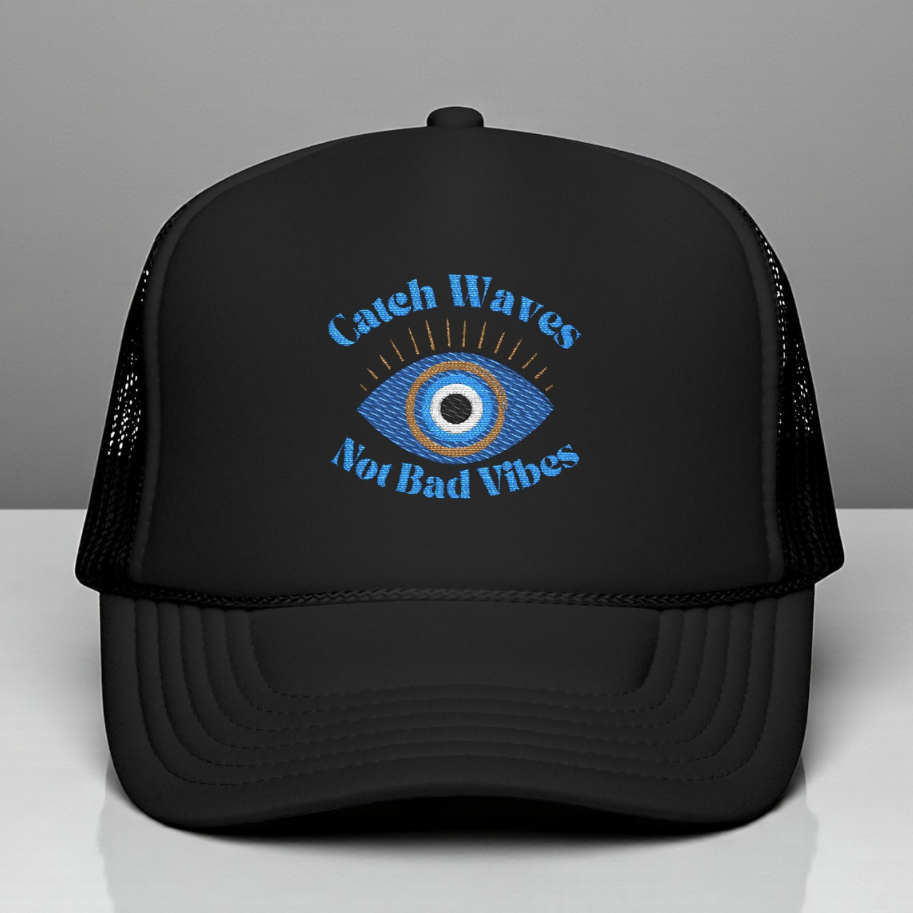 Embroidered Catch Waves Not Bad Vibes Trucker Hat | Evil Eye Coastal Hat product thumbnail image Embroidered Catch Waves Not Bad Vibes Trucker Hat | Evil Eye Coastal Hat product thumbnail image