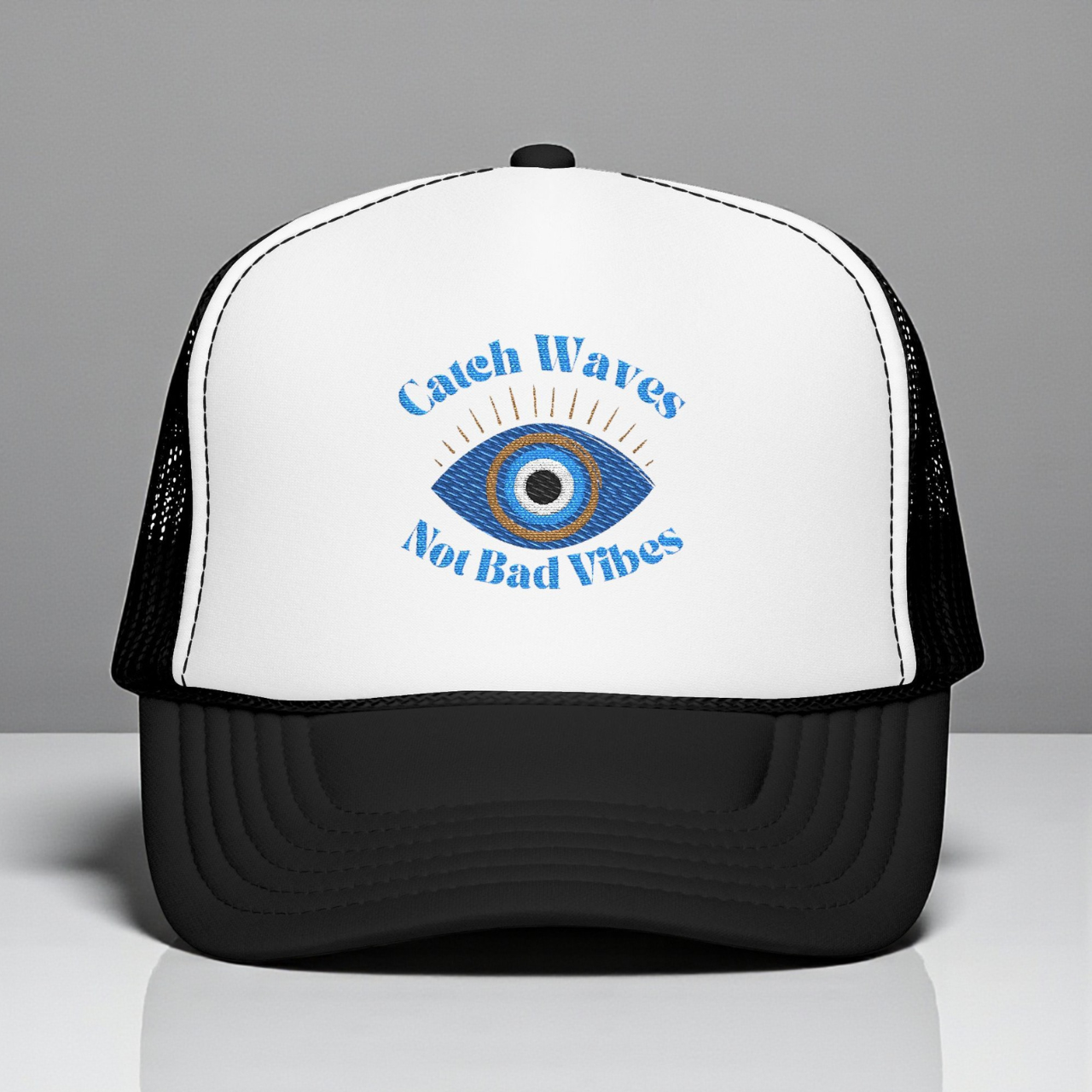 Embroidered Catch Waves Not Bad Vibes Trucker Hat | Evil Eye Coastal Hat product thumbnail image Embroidered Catch Waves Not Bad Vibes Trucker Hat | Evil Eye Coastal Hat product thumbnail image