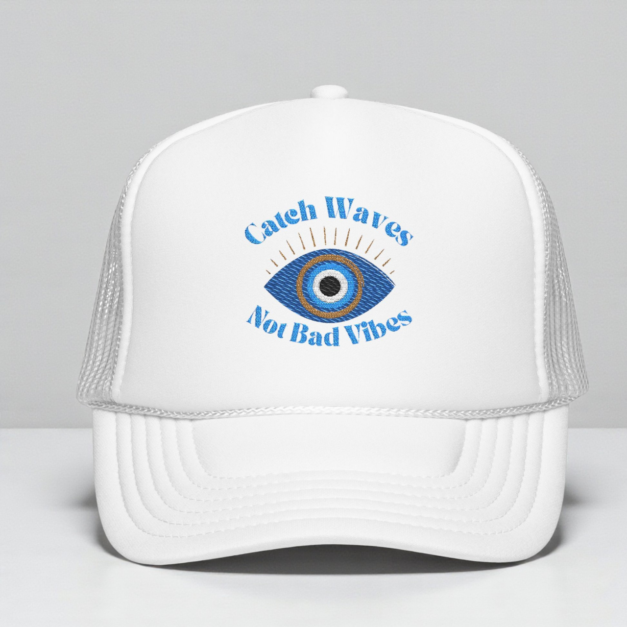Embroidered Catch Waves Not Bad Vibes Trucker Hat | Evil Eye Coastal Hat product thumbnail image Embroidered Catch Waves Not Bad Vibes Trucker Hat | Evil Eye Coastal Hat product thumbnail image