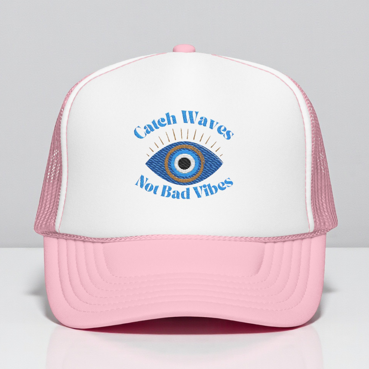 Embroidered Catch Waves Not Bad Vibes Trucker Hat | Evil Eye Coastal Hat product thumbnail image Embroidered Catch Waves Not Bad Vibes Trucker Hat | Evil Eye Coastal Hat product thumbnail image