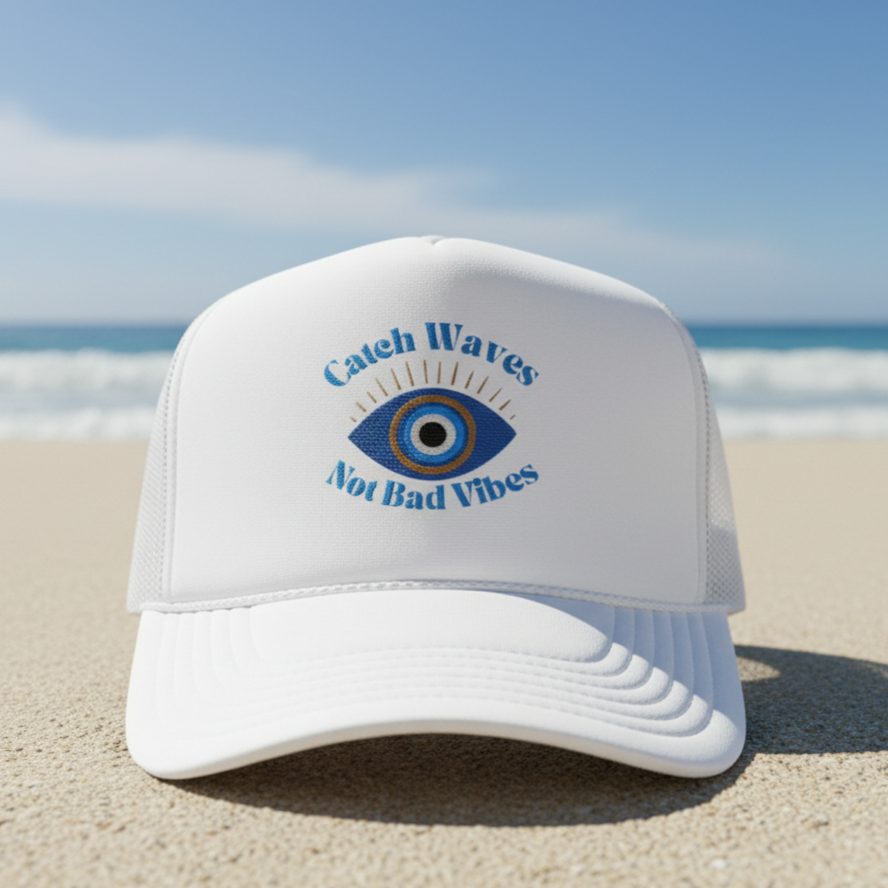 Embroidered Catch Waves Not Bad Vibes Trucker Hat | Evil Eye Coastal Hat product thumbnail image Embroidered Catch Waves Not Bad Vibes Trucker Hat | Evil Eye Coastal Hat product thumbnail image