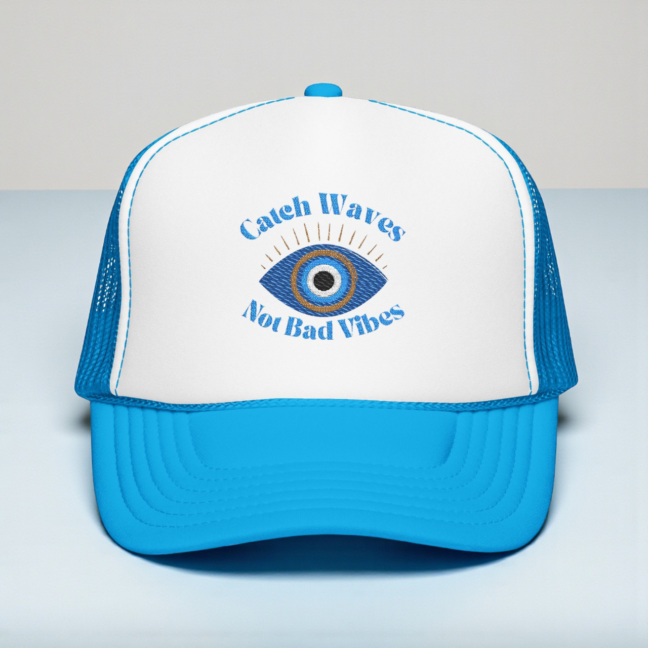 Embroidered Catch Waves Not Bad Vibes Trucker Hat | Evil Eye Coastal Hat product thumbnail image Embroidered Catch Waves Not Bad Vibes Trucker Hat | Evil Eye Coastal Hat product thumbnail image
