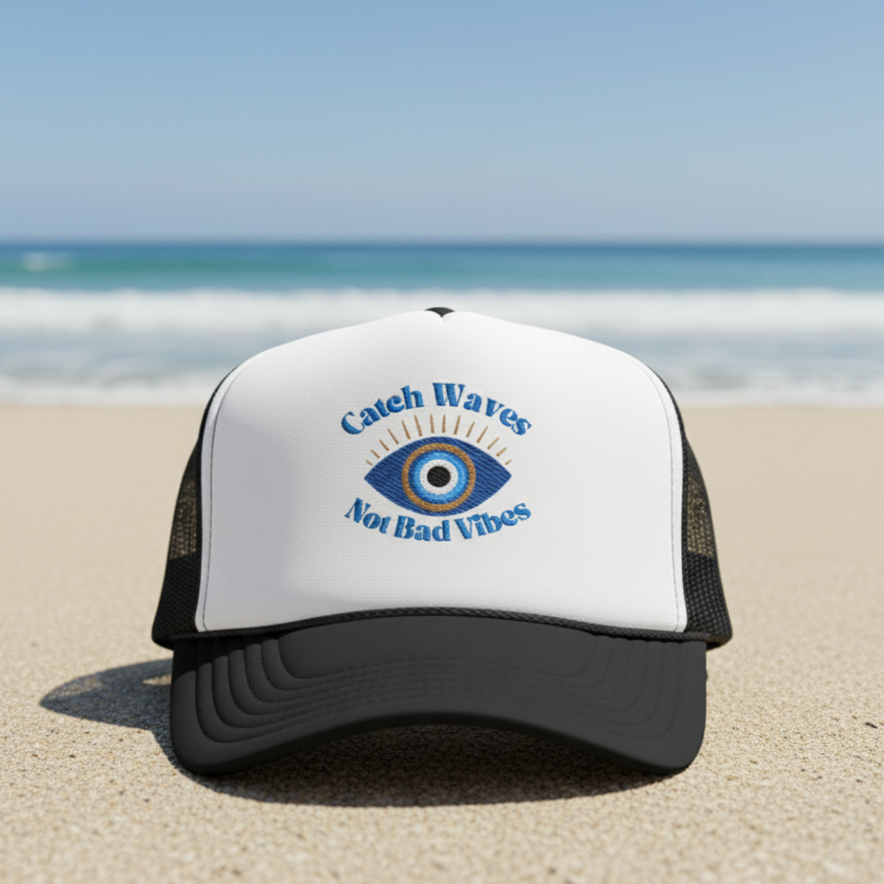 Embroidered Catch Waves Not Bad Vibes Trucker Hat | Evil Eye Coastal Hat product thumbnail image Embroidered Catch Waves Not Bad Vibes Trucker Hat | Evil Eye Coastal Hat product thumbnail image