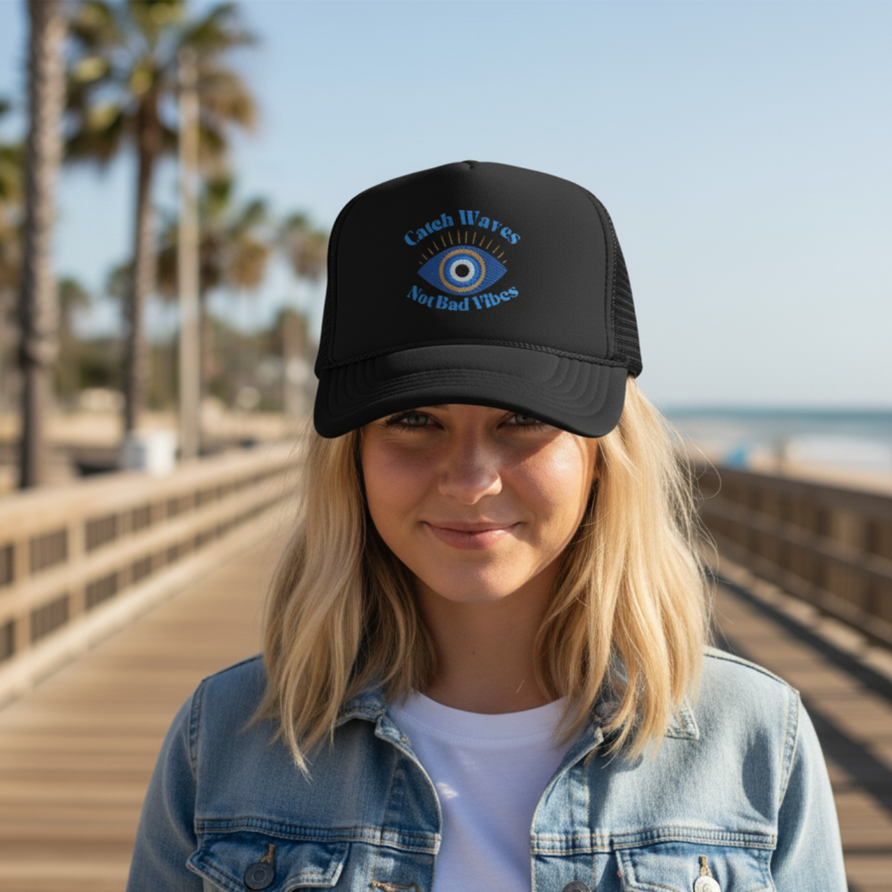 Embroidered Catch Waves Not Bad Vibes Trucker Hat | Evil Eye Coastal Hat product thumbnail image Embroidered Catch Waves Not Bad Vibes Trucker Hat | Evil Eye Coastal Hat product thumbnail image